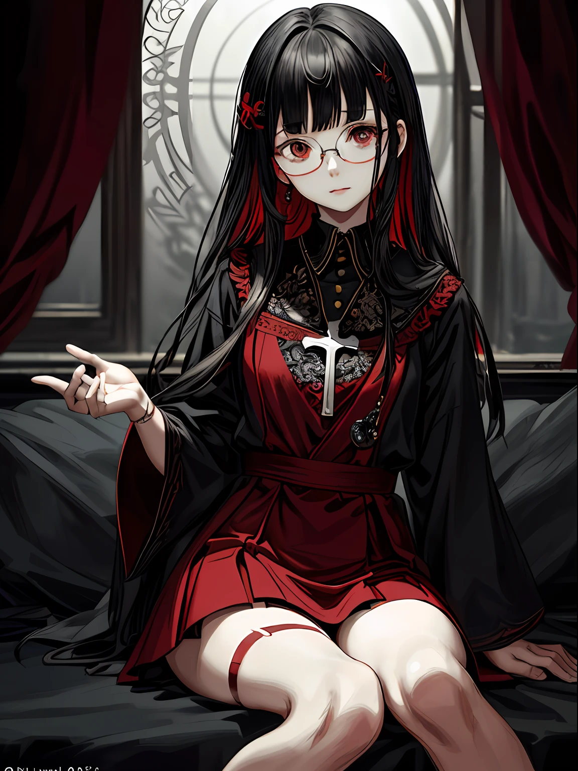 plein air、the beach、Red and black nurse costume、Cross-eyed、Stranger、View other people、Blunt bangs、Sitting,hand between legs, Glasses, over-kneehighs,Ahegao , Silly,Sexual ecstasy,Drunken eyes,Blunt bangs, Black hair,(masutepiece:1.2, Best Quality), (finely detailed beautiful eye: 1.2), (Detailed background,Dark Fantasy), (beautifull detailed face), High contrast, (Best Illumination, extremely delicate and beautiful), ((Cinematic Light)), Colorful, Hyper Detail, Dramatic light, Intricate details,