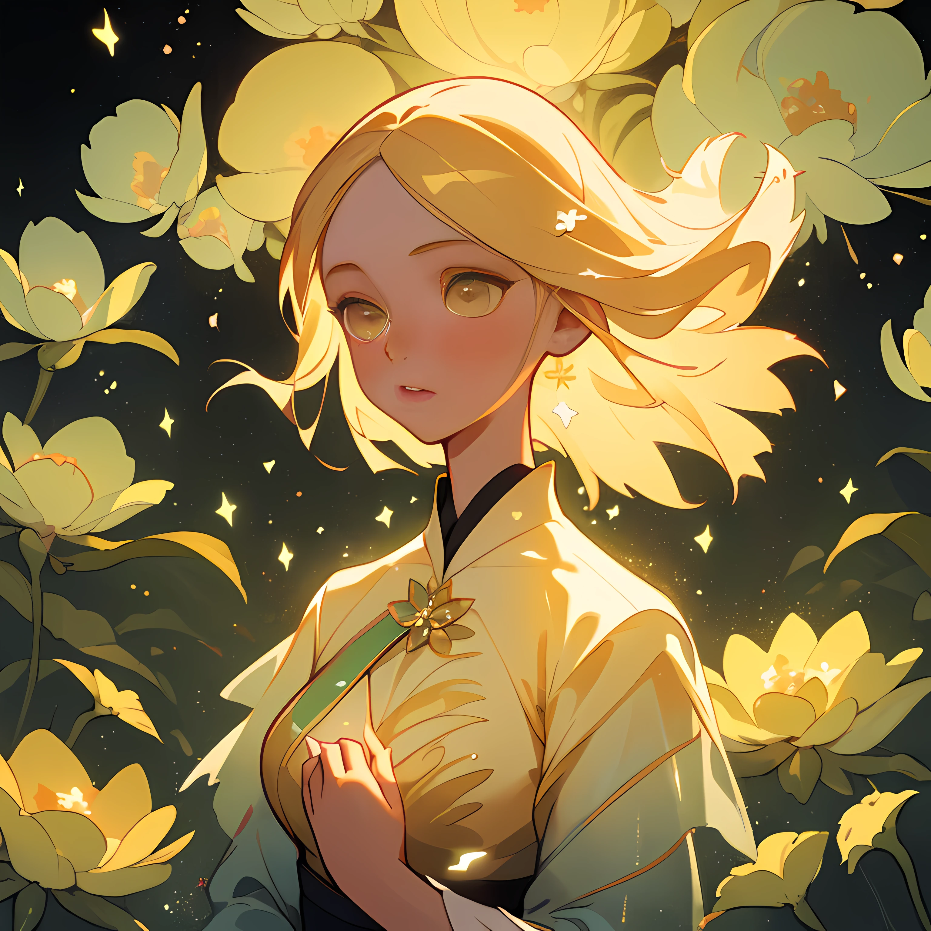 "(Best quality, masterpiece) 1girl, forest, glitter, flowing dress, particles, gentle breeze, blooming flowers, focused on upper body, dark background, direct eye contact, blonde hair."