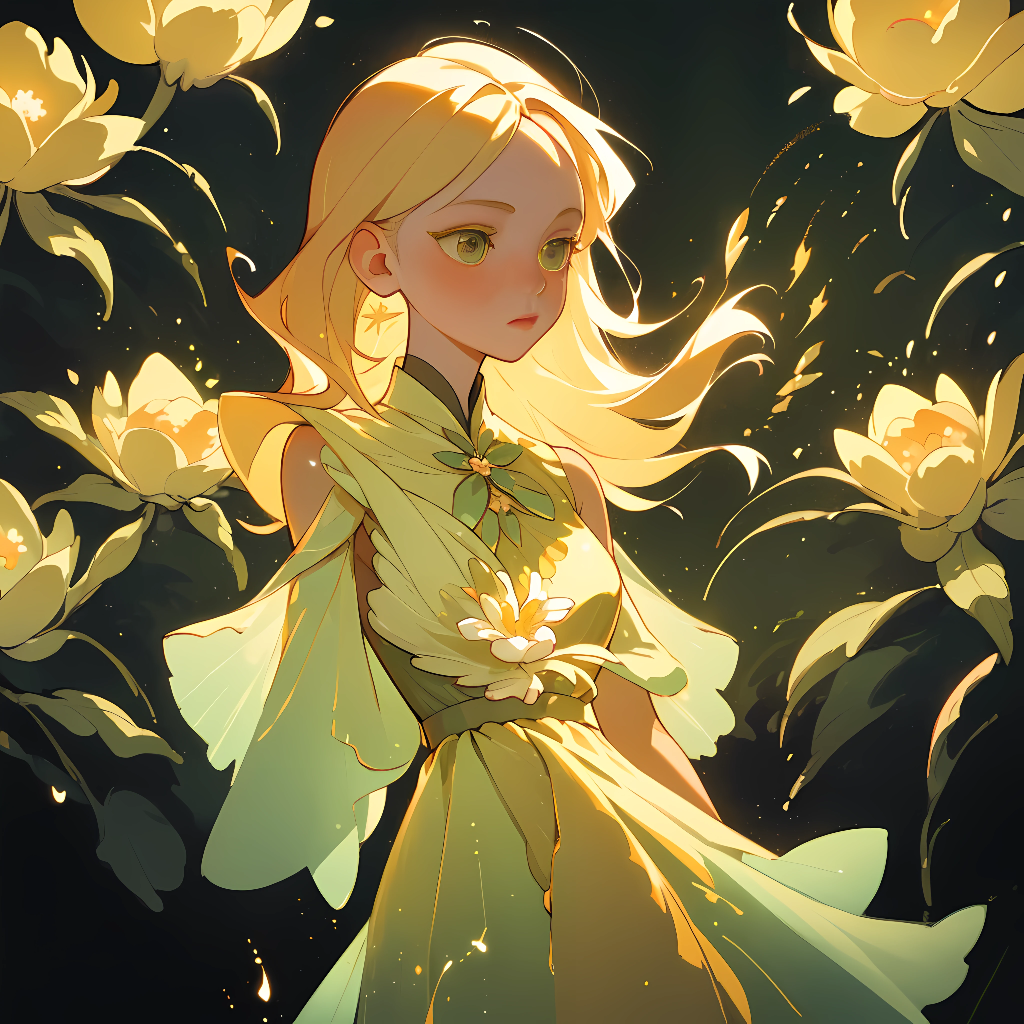 "(Best quality, masterpiece) 1girl, forest, glitter, flowing dress, particles, gentle breeze, blooming flowers, focused on upper body, dark background, direct eye contact, blonde hair."