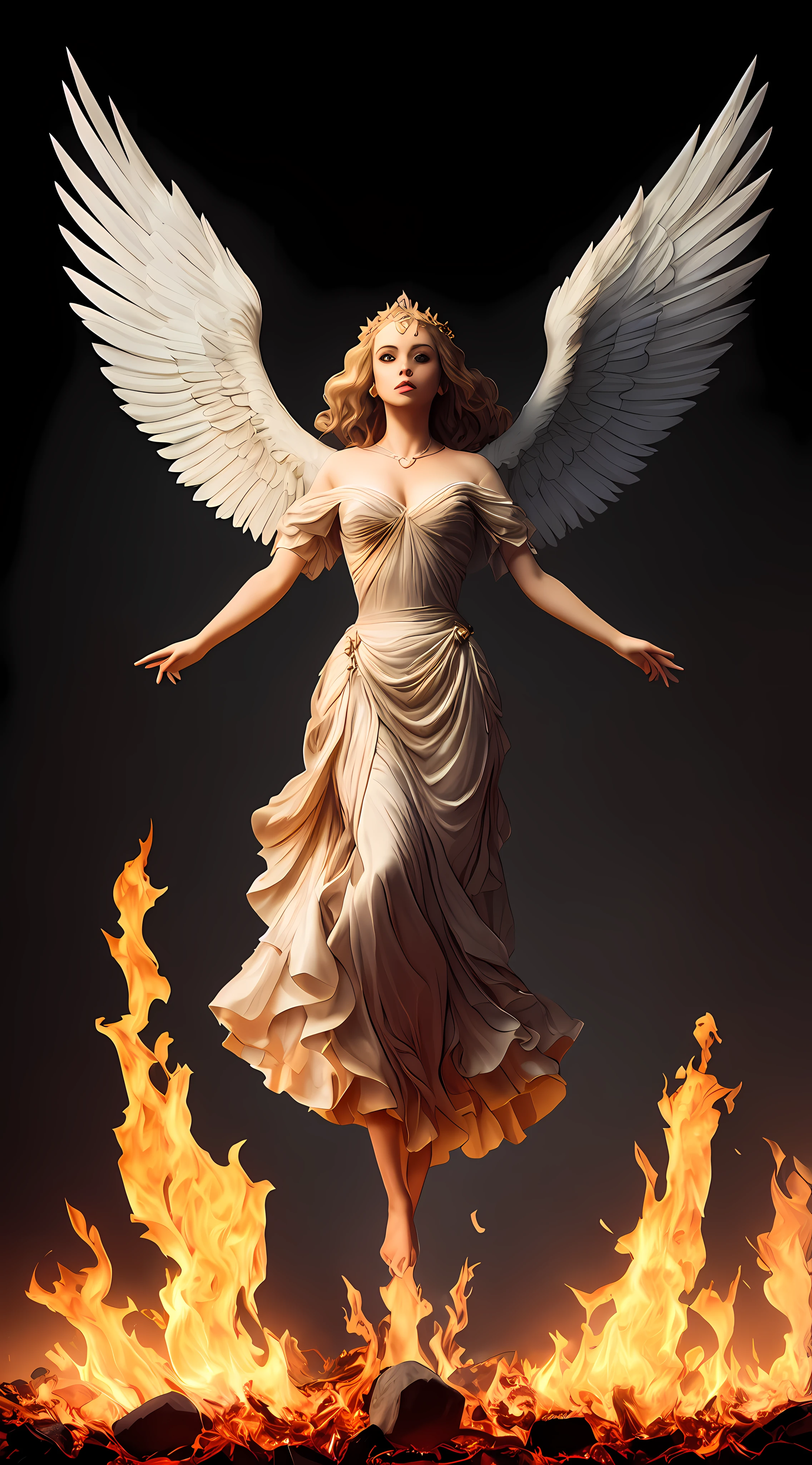 Pintura de una mujer con alas y un halo parada frente a un fuego, con ardientes alas doradas de llamas, Diosa del Fuego, Diosa de la ira, con ardientes alas doradas, aparece como la diosa del fuego, Arte del hechizo del fuego sagrado, tall female angel, Diosa del Fuego, full - body majestic angel, Diosa de la Luz, Artgerm Julie Bell Beeple, Hechizo de llama sagrada, Vibrant color palette game and super intricate great shadows, pintura mate, minuciosamente detallado, fino y delicadamente detallado, motor irreal delicadamente detallado con octanaje intrincado, fondo detallado en microminutos, complejidades 3D realzadas, Perfect and super detailed 8K composition, regla de los tercios, motionVFX, Sony Pictures Animation, The Foundry VFX, inmensamente perfecto, perfectamente detallado, intrincadamente definido, definitivamente real, Verdaderamente realista, Realistically epic, por Satori Canton, photography by alberto seveso