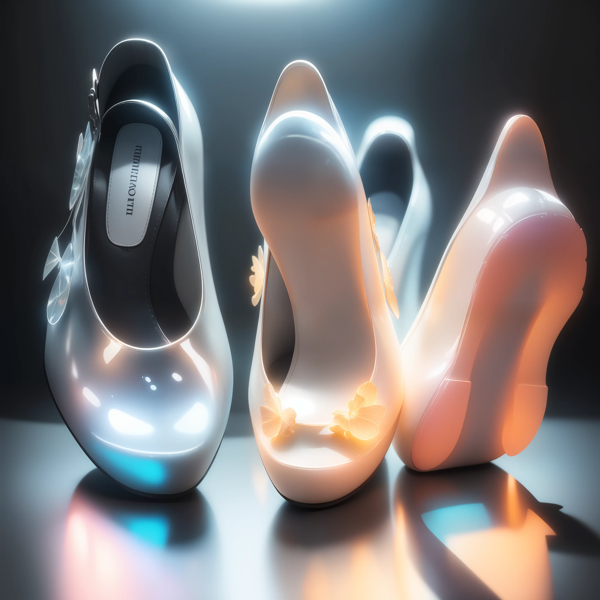 (((A pair of shoes))),The Arthur effect, Transparent body, Gradient translucent glass melt, Caustics, transparent glass texture, Irridescent color, Designed by Dietrams, Simple, Glows in high detail, white backgrounid, industrial design, studio lit, C4D, OC renderer, Clean shadows, 4K