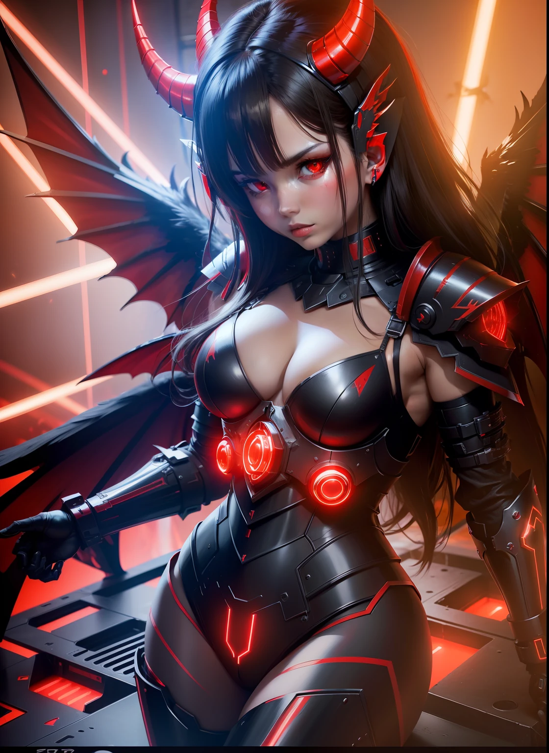 (Demon Angel in Heavy Cyber Armor with Bright Red Lights, Horns on the head and large wings in high detail)8K 3D