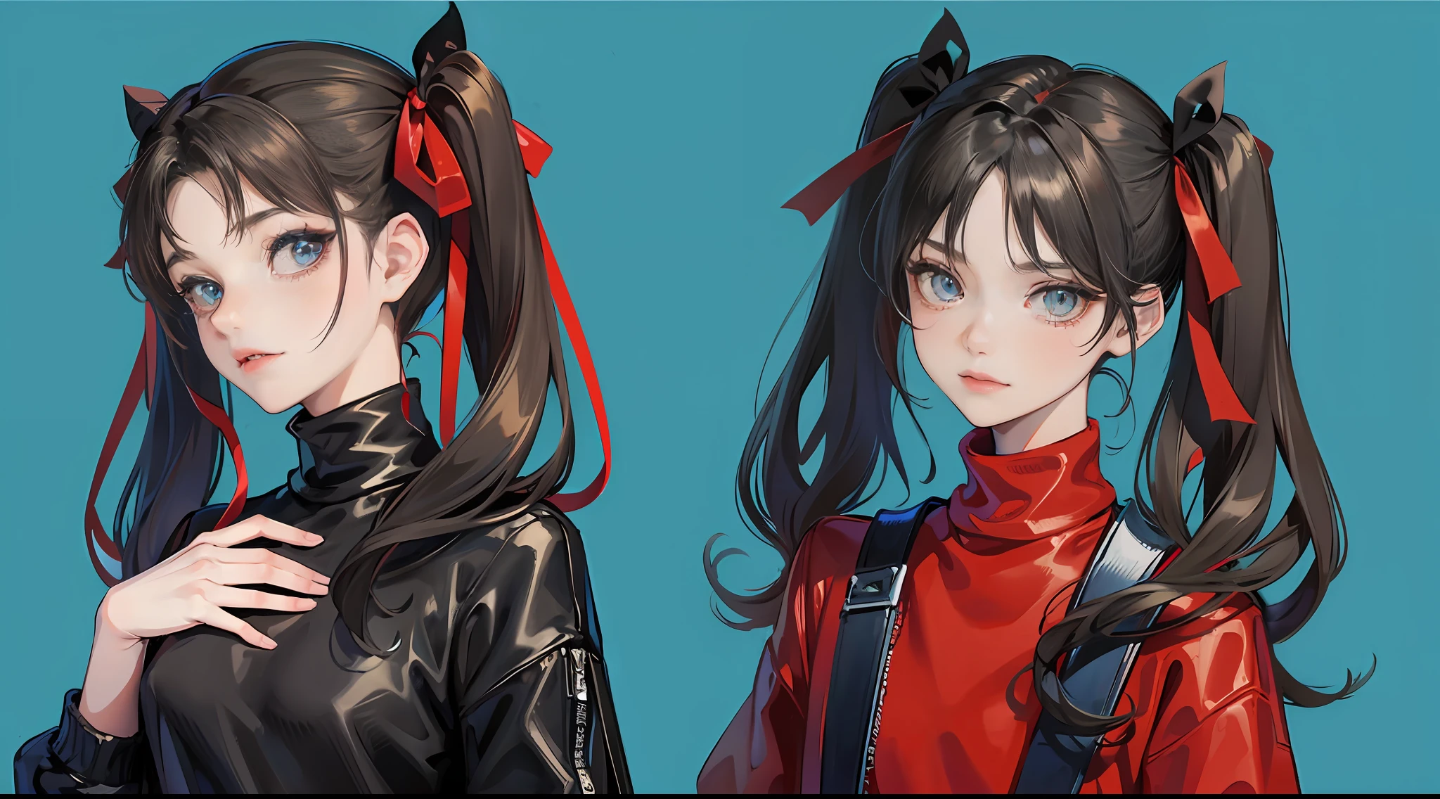 1boy, tohsaka rin, solo, hair, sweater, red sweater, looking at viewer, blue background, black hair, simple background, two side up, turtleneck, blue eyes, lips, closed mouth, ribbon, hair ribbon, bangs, turtleneck sweater, upper body, parted bangs, black ribbon, ribbed sweater, twintails, nose, --auto
