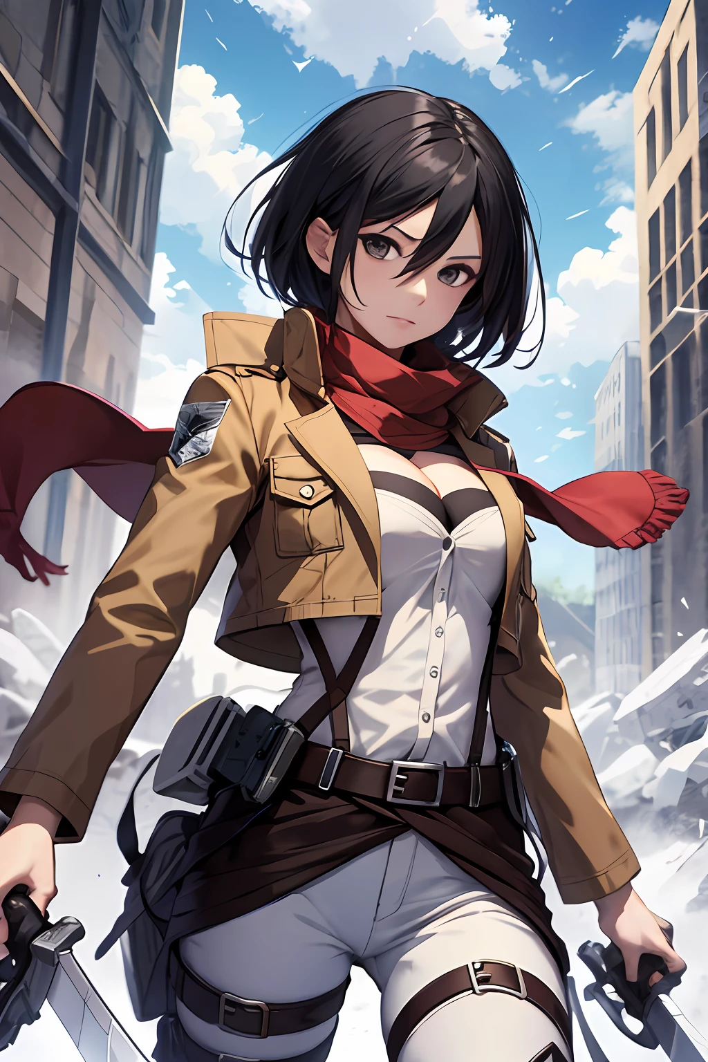 Mikasa, mature woman masterpiece, best quality, highres, short hair, black eyes, scarf, emblem, belt, thigh strap, red scarf, white pants, brown jacket, long sleeves,button, cleavage, holding weapon, sword, dual wielding, three-dimensional maneuver gear, spread arms, standing on one leg, wide shot, sky, highest quality, high resolution.