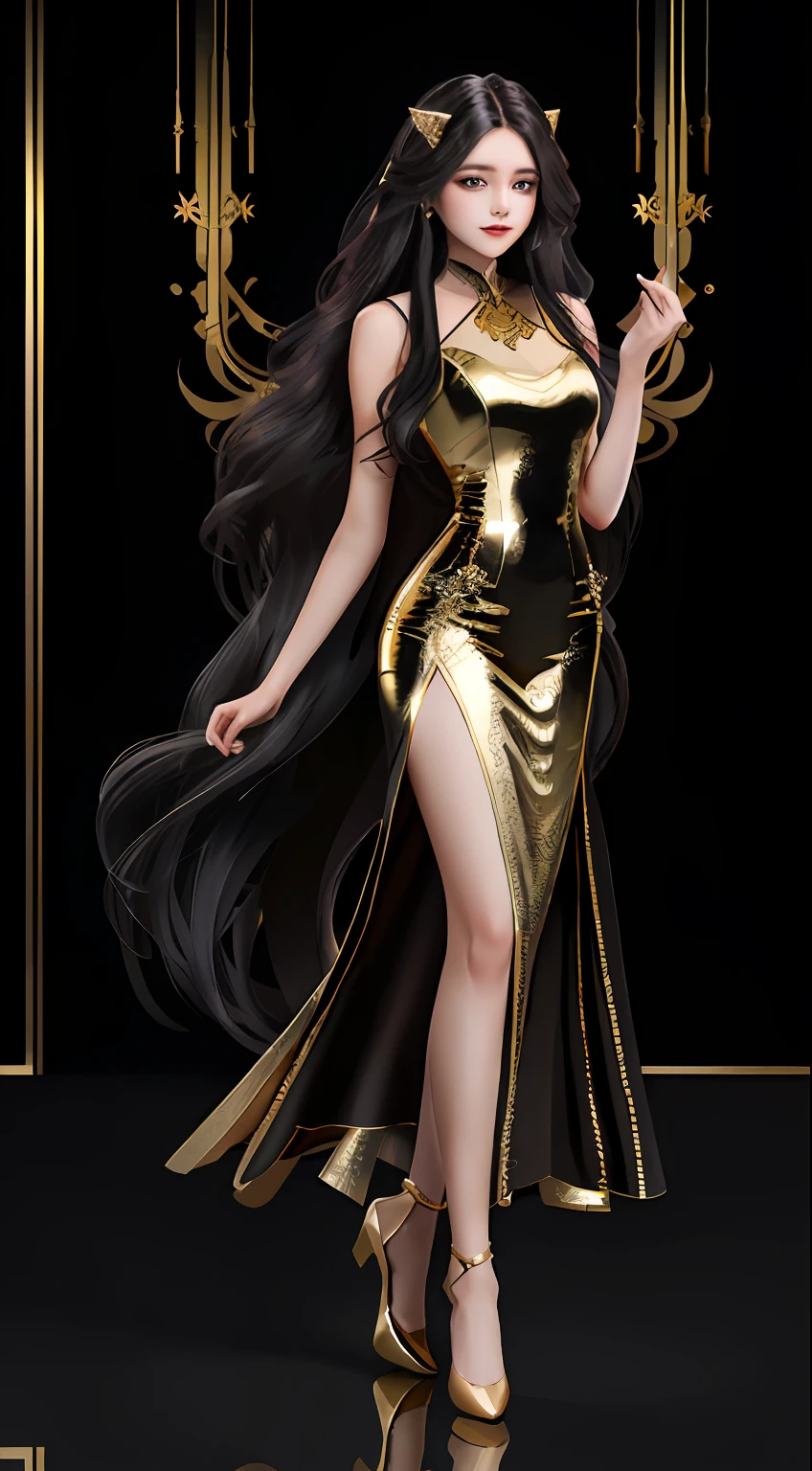 Full body beauty in black and gold clothes，Full body photo，long whitr hair，Wear stocking tongs，Beautuful Women，Single full-body photo