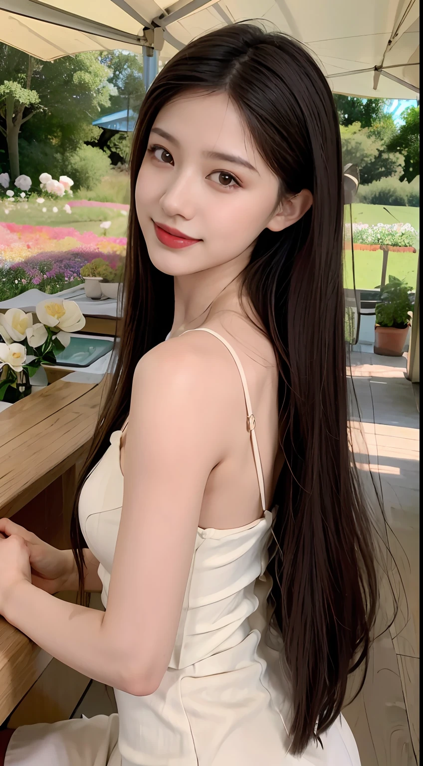 best qualtiy,tmasterpiece,超高分辨率,8k(真实感:1.4),RAW photogr,A picture,1girll,filmgrain,A picture,The background is blurred out,Realistic natural skin texture and facial details,realistic eye details,lipsticks,white dresses,cropped shoulders,(blooming flower field)nature backdrop,Glowing skin,Light smile,Real images,light and shadow effect,Studio quality,and the sun was shining brightly,Precise and perfect human anatomy,Hair details