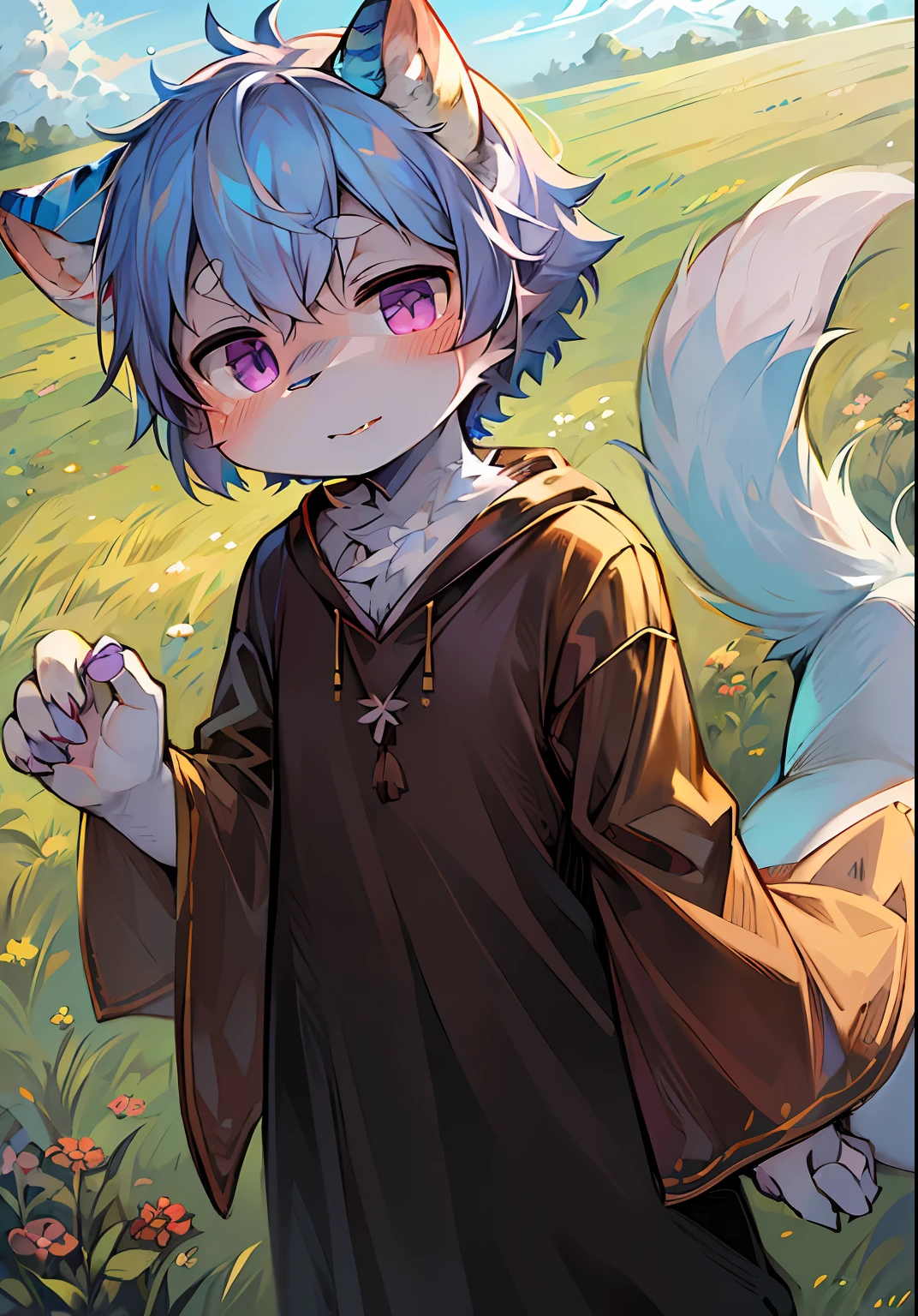 (ambiente dark:0.8),Masterpiece,High quality,abstract res,Digital painting\(artwork of a\), by Dagasi, Yupa,Kiyosan,(anthro,Fluffy fur,Character focus:1.1),anthro male cat,Short hair,Portrait , eyes with brightness, in a panoramic view, Character focus.(detailedbackground:0.7), 独奏, shaggy, shaggy male, malefocus, anthr,(Full Body Furry, Fluffy tail, White fur, Purple eye, blue hairs:1.2，Pale pink blush，blue wings，Light blue dragon horns), (felid、baggy clothes：1.2），（grassy fields，In the daytime）