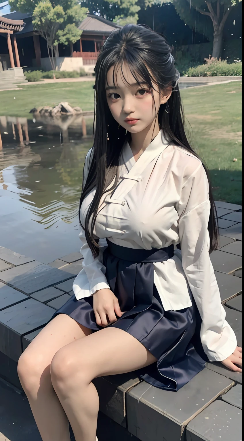 Master quality, highest quality, best picture quality, exaggerated details, a cute 8 asian little gth a shy expression, slightly squinted eyes, adjusting her hair, long eyelashes (long hair / very, very exaggerated big breasts _ tits / in hanfu chinese thin silk dress, short skirt), posing sit in front of the camera, wet throught rain, wet breast under wear