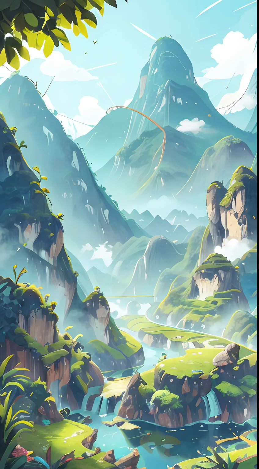 Guilin, Guangxi,A spring morning,A large area of blue sky overlooks the independent mountain peaks,Floating white clouds,Layers of rice paddies,Cascading terraces,Lake surface,,a color,textured,patterned,Beautiful artistic prints