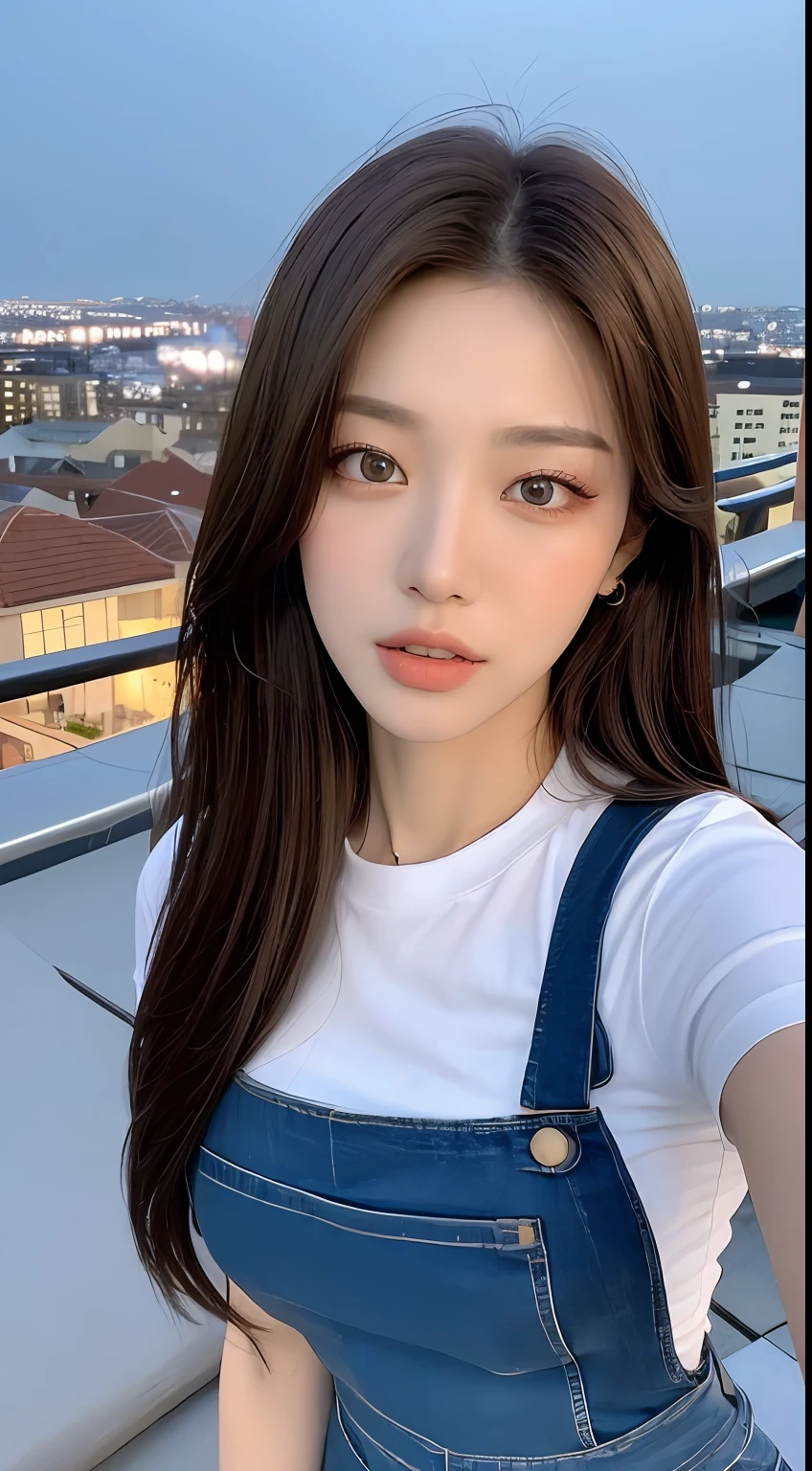 ((Midnight, Best quality, 8k, Masterpiece :1.3)), Whole body, Long legs, Sharp focus :1.2, A pretty woman with perfect figure :1.4, Slender abs :1.1, ((Dark brown hair, Big breasts :1.2)), (White tight tshirt, Jean bib, Standing:1.2), ((Night city view, Rooftop:1.3)), Highly detailed face and skin texture, Detailed eyes, Double eyelid