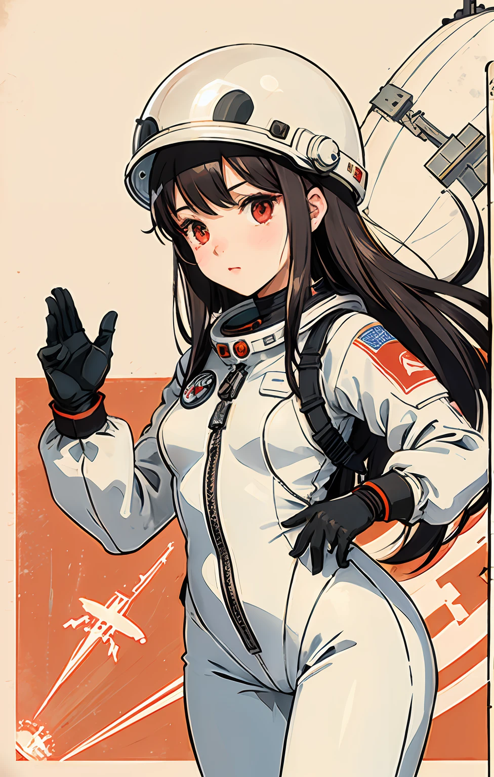 1girl,flat_breasts,cute,beautiful detailed eyes,shiny hair,visible through hair,hairs between eyes, CCCPposter, sovietposter,red monochrome,soviet poster, soviet,communism,
Black_hair,red_eyes,vampire,teenage,poorbreast,Spacesuit:Orange_clothing_body:jumpsuit),white_gloves, white_space shoes, white_helmet, the CCCP red letters on the top of helmet, weightlessness, Side light, reflection, The person in the spacesuit is at the bottom left of the frame, The right hand is outstretched, the right hand gently touches the Salyut space station), Space station in the upper right corner of the screen, Reflected light from the sun, Silver metal,red flag, brilliance,USSR style, diffuse reflection, Metallic texture, The vista is a blue Earth,mecha style,the sea of star,high tone, magnificent