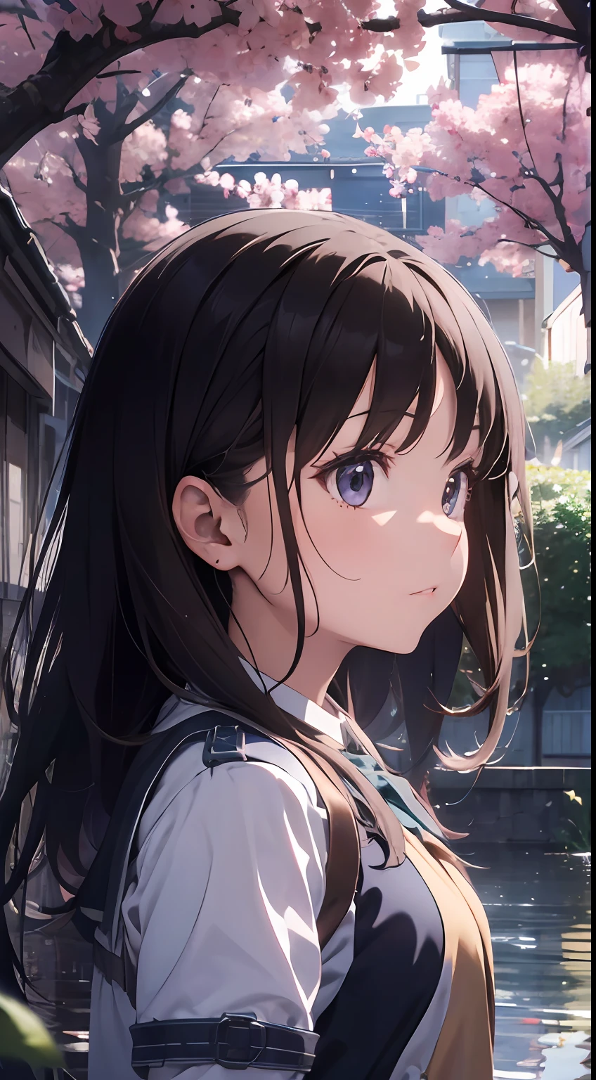 a female and a male, they are two students, wearing school uniform, lonely, rainny, around school, trees are beside the road, poddle of water reflectiing these two people, reflecting, a rainbow is on the sky, polar opposites, symmetry, panorama, perspective, ray tracing, reflection light, depth of field, close-up, masterpiece, best quality, high details, high quality, textured skin, ccurate, UHD, HD