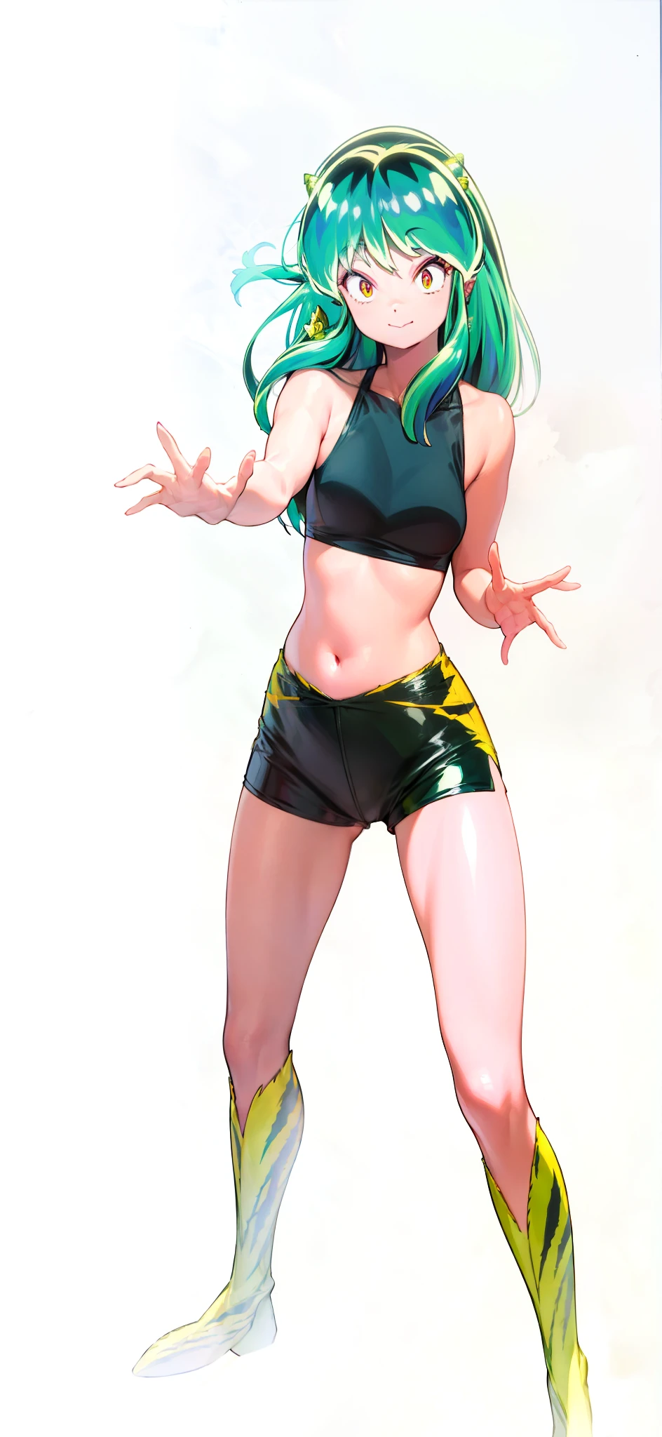 Tiger print boots、Tiger print bikini、Woman with green hair and horns、Tiger print bikini、dance、animesque、urusei yatsura、A smile