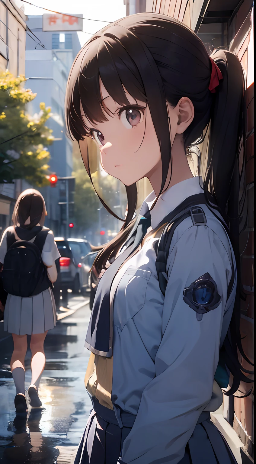 a female and a male, they are two students, wearing school uniform, lonely, rainny, around school, trees are beside the road, poddle of water reflectiing these two people, reflecting, a rainbow is on the sky, polar opposites, symmetry, panorama, perspective, ray tracing, reflection light, depth of field, close-up, masterpiece, best quality, high details, high quality, textured skin, ccurate, UHD, HD