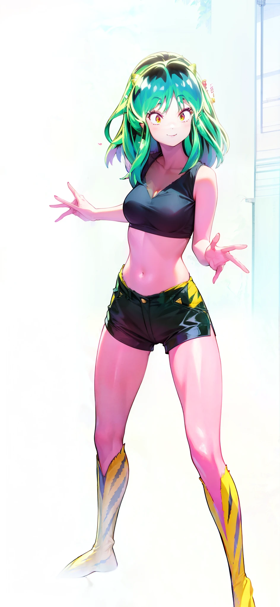 Tiger print boots、Tiger print bikini、Woman with green hair and horns、Tiger print bikini、dance、animesque、urusei yatsura、A smile