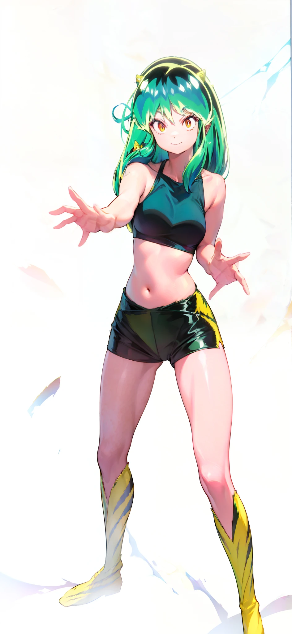 Tiger print boots、Tiger print bikini、Woman with green hair and horns、Tiger print bikini、dance、animesque、urusei yatsura、A smile