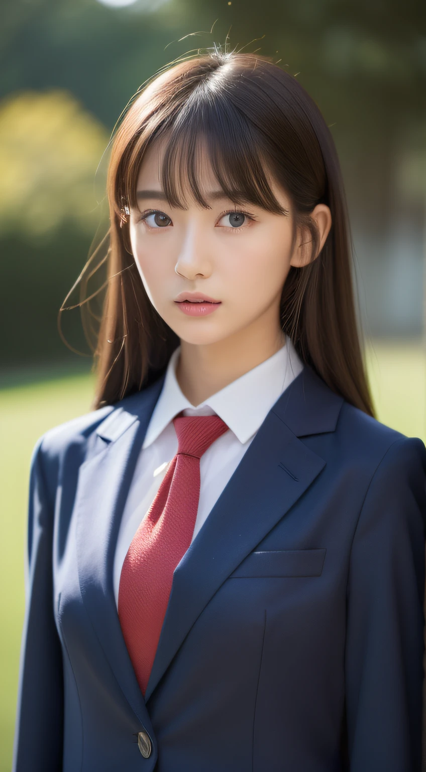 (top-quality、8K、32K、masuter piece、nffsw:1.2)、Photo of a cute Japanese woman、1人、profile、(Colossal tits:1.2)、(Tall lady)、(abdominals、slim figure:1.2)、(s lips) 、(Medium short dark brown hair)、二重まぶた、校服、student clothes、hi-school girl、white shirt、neck tie、Brown blazer