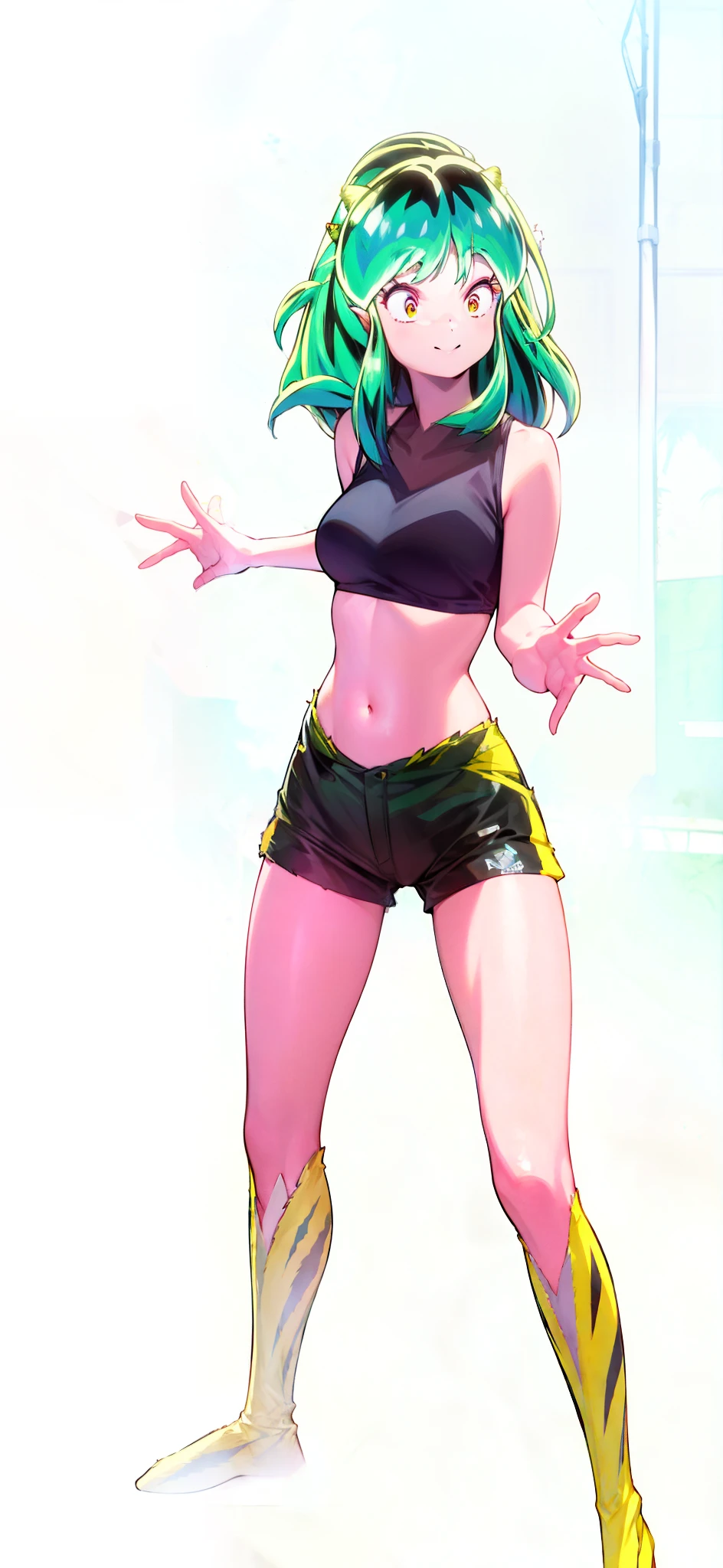 Tiger print boots、Tiger print bikini、Woman with green hair and horns、Tiger print bikini、dance、animesque、urusei yatsura、A smile