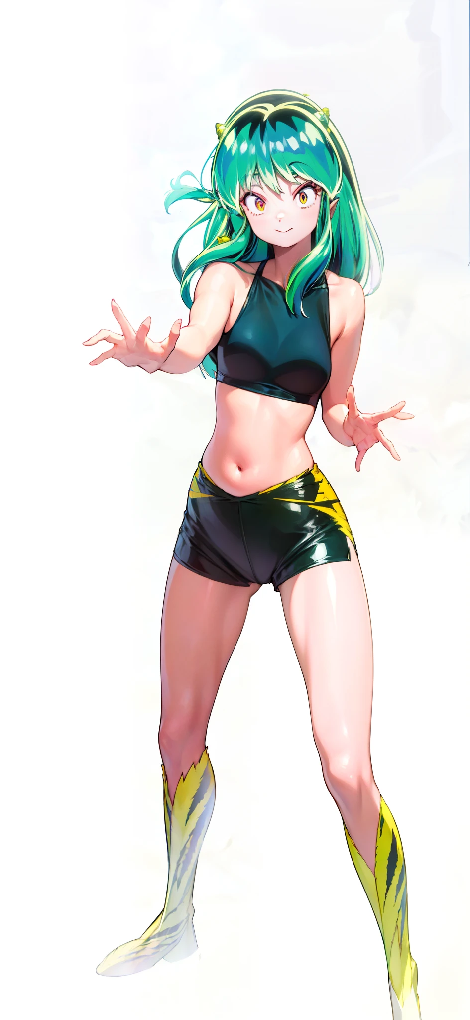 Tiger print boots、Tiger print bikini、Woman with green hair and horns、Tiger print bikini、dance、animesque、urusei yatsura、A smile