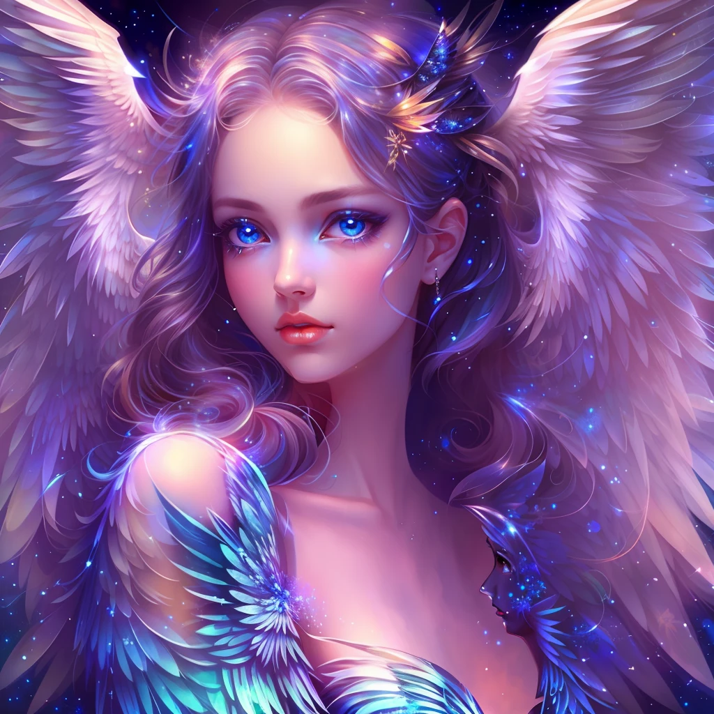 A female angel,Beautiful face,Blue wings grow on the back、with black background,tmasterpiece,best qualtiy