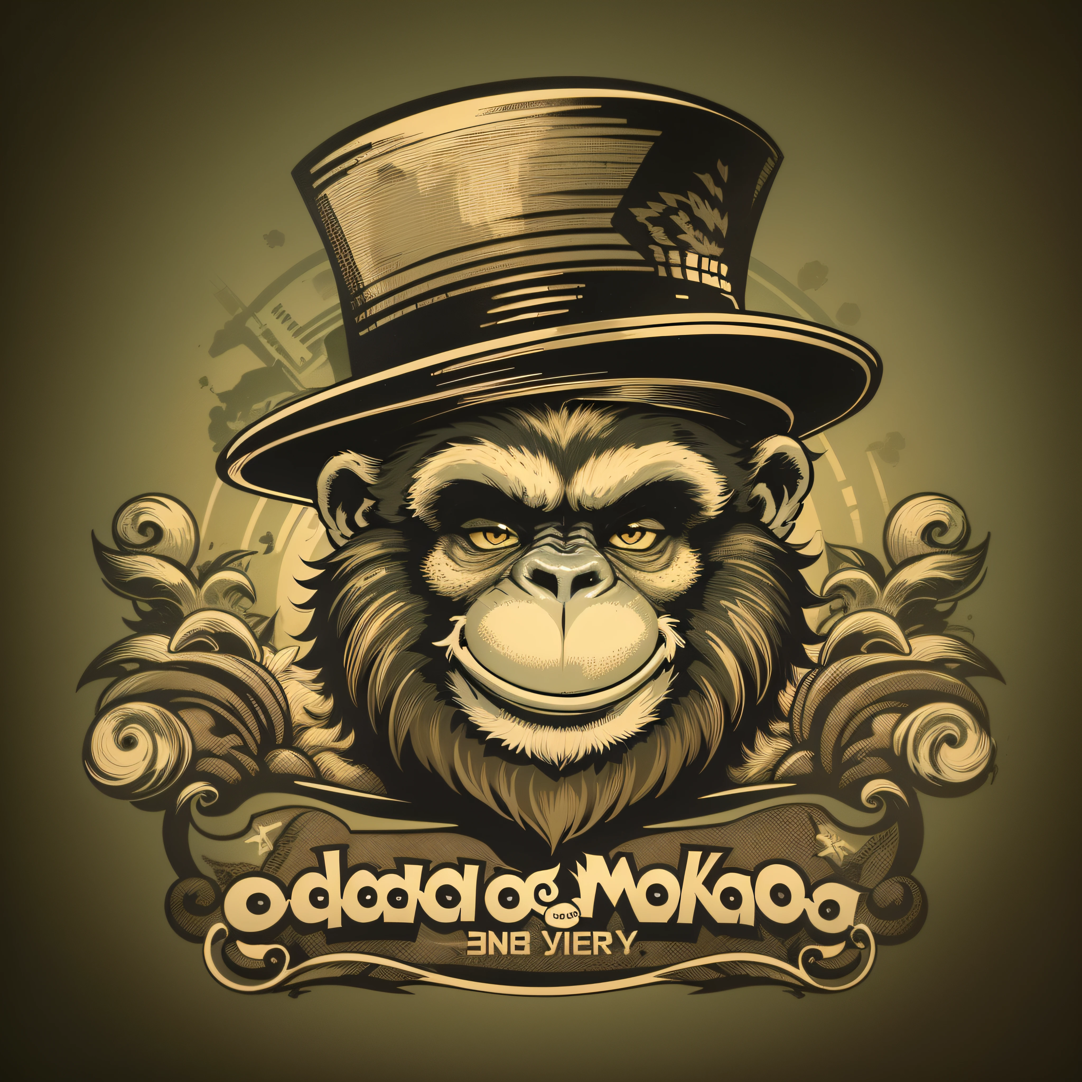 "Generate a modern logo with a unique graphic style, com um macaco velho barbudo, wearing a top hat with a sarcastic smile and stylized confident look and bold 'OldMonkey INK' lettering in contrasting colors."Image with a resolution of at least 300 dpi
