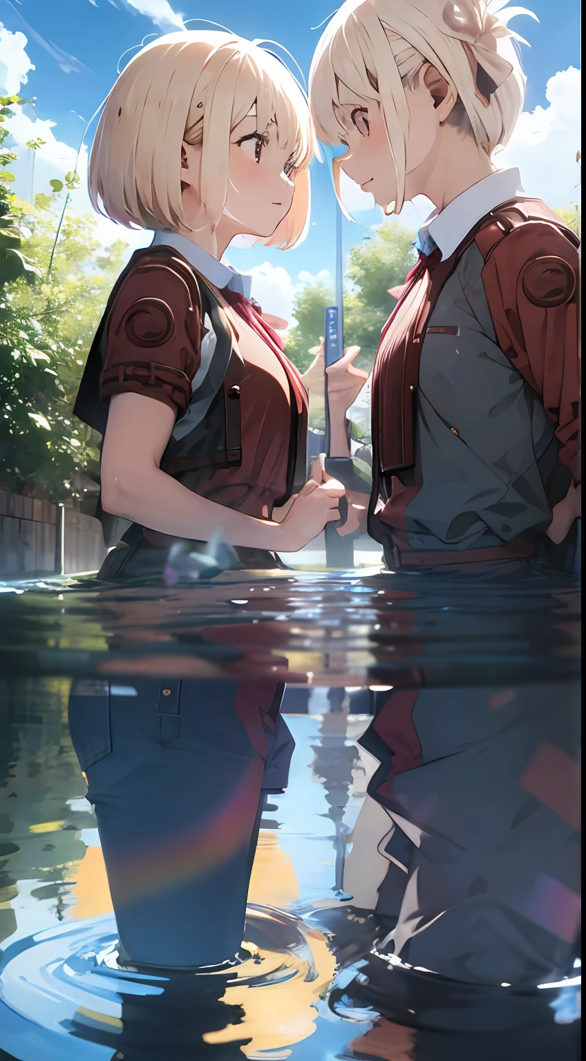a female and a male, they are two students, wearing school uniform, lonely, rainny, around school, trees are beside the road, poddle of water reflectiing these two people, reflecting, a rainbow is on the sky, polar opposites, symmetry, panorama, perspective, ray tracing, reflection light, depth of field, close-up, masterpiece, best quality, high details, high quality, textured skin, ccurate, UHD, HD