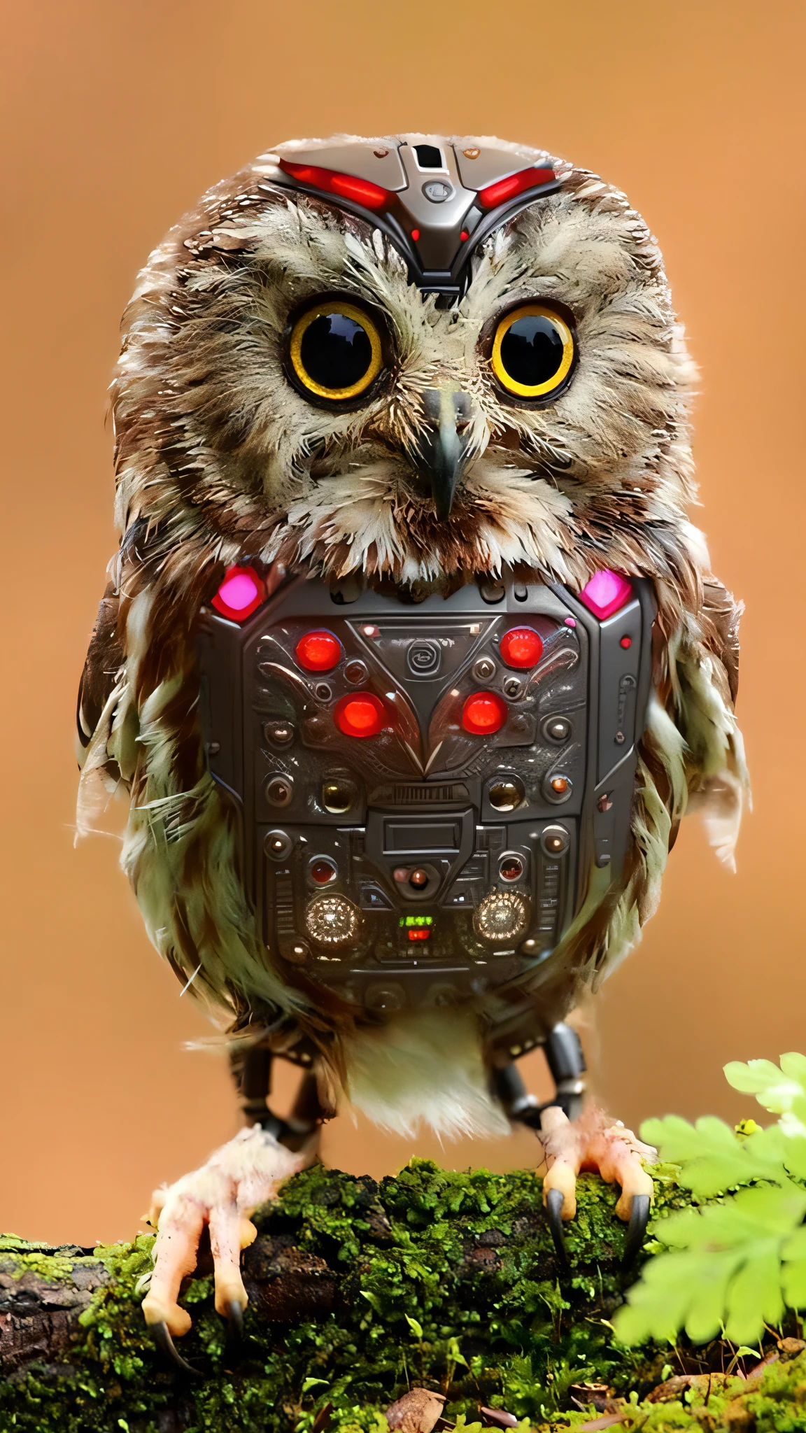 Cute owl made of metal、(The torso is a cyborg)、(The torso is a robot)、Multiple red LED bulbs on the fuselage、、Multiple red LED bulbs on the forehead、(intricate-detail)、nffsw、(intricate-detail、ultra-detailliert:1.2)、Cinematic shots、central、