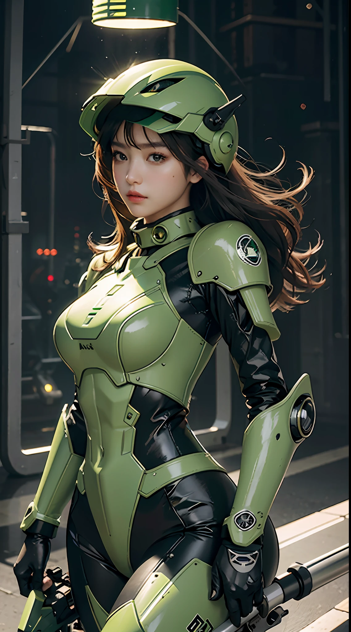 Highest image quality, outstanding details, ultra-high resolution, (realism: 1.4), the best illustration, favor details, highly condensed 1girl, with a delicate and beautiful face, dressed in a black and green mecha, wearing a mecha helmet, holding a directional controller, riding on a motorcycle, the background is a high-tech lighting scene of the future city.