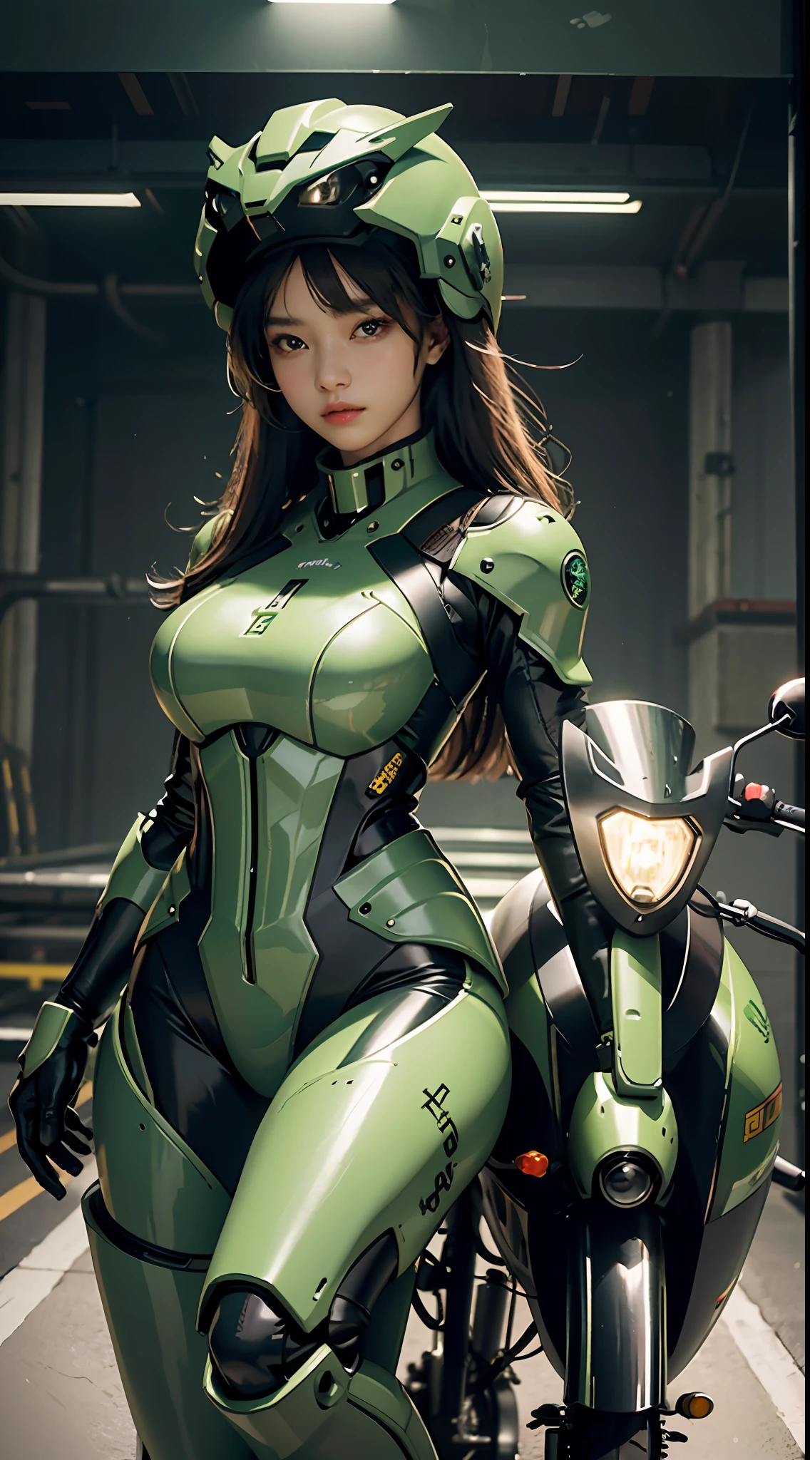 Highest image quality, outstanding details, ultra-high resolution, (realism: 1.4), the best illustration, favor details, highly condensed 1girl, with a delicate and beautiful face, dressed in a black and green mecha, wearing a mecha helmet, holding a directional controller, riding on a motorcycle, the background is a high-tech lighting scene of the future city.