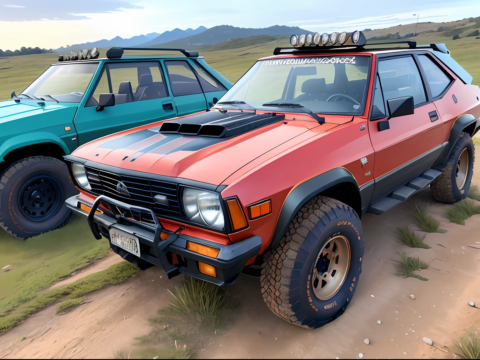 Um closeup de um AMC Eagle SX4, com rack de teto, estribos nas laterais, Competition Accessories (( pneus grossos e altos)) rodas preta de off-road, quebra mato frontal((( Estilo militar))), trending on vehicle design, dominance, corpo inteiro, corpo inteiro, 4l, gm, desporto, 🕹️ 😎 🔫 🤖 🚬, Detalhe poderoso, Album art, new vehicle, extremamente intrincado, vehicle, Directed by: Karl Völker