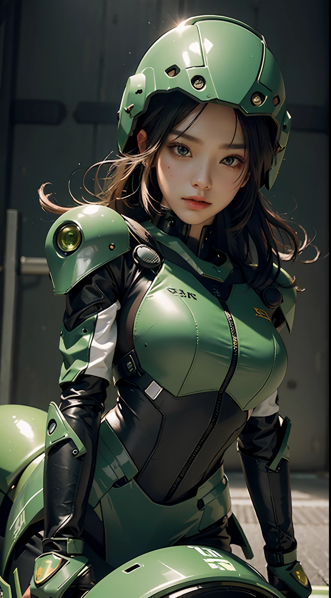 Highest image quality, outstanding details, ultra-high resolution, (realism: 1.4), the best illustration, favor details, highly condensed 1girl, with a delicate and beautiful face, dressed in a black and green mecha, wearing a mecha helmet, holding a directional controller, riding on a motorcycle, the background is a high-tech lighting scene of the future city.