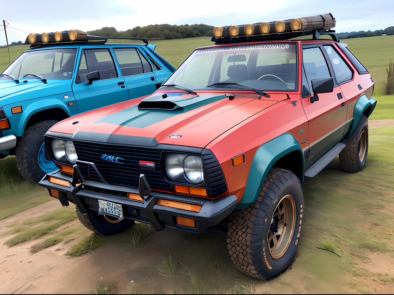 Um closeup de um AMC Eagle SX4, com rack de teto, estribos nas laterais, Competition Accessories (( pneus grossos e altos)) rodas preta de off-road, quebra mato frontal((( Estilo militar))), trending on vehicle design, dominance, corpo inteiro, corpo inteiro, 4l, gm, desporto, 🕹️ 😎 🔫 🤖 🚬, Detalhe poderoso, Album art, new vehicle, extremamente intrincado, vehicle, Directed by: Karl Völker