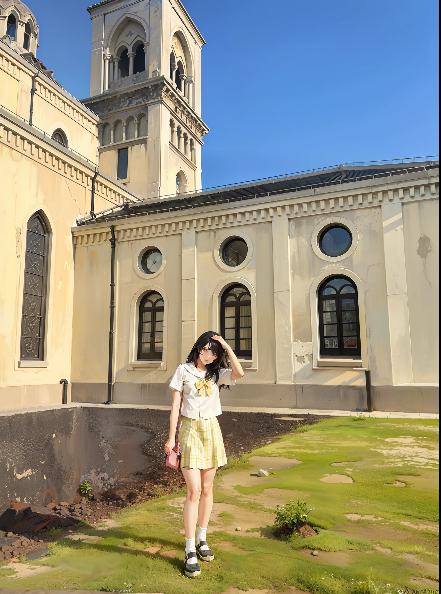 Girl standing in front of a building with a clock tower, On a sunny day, Sunny day, Church in the background, on a bright day, standing near a castle, In sunny weather, on a bright day, Old monastery in the background, behind her a gothic cathedral, with backdrop of god rays, cathedral in the background, Correct raycasting and shadows，（（best qualtiy））， （（tmasterpiece））， （highly  detailed：1.3）， hdr（HighDynamicRange）， Ray traching， NVIDIA RTX， Hyper-Resolution， Unreal 5， sub surface scattering， PBR textures，Anisotropic filtering， MAXIMUM DEFINITION， Many-Layer Textures， Albedo e mapas Speculares， Surface coloring， Accurate simulation of light-material interactions， perfectly proportions，Ultimate detail， style of anime4 K, anime styled digital art, Anime style. 8K, Anime style artwork, Digital anime art, anime art style, Anime style mixed with Fujifilm, Beautiful anime artwork, anime style digital art