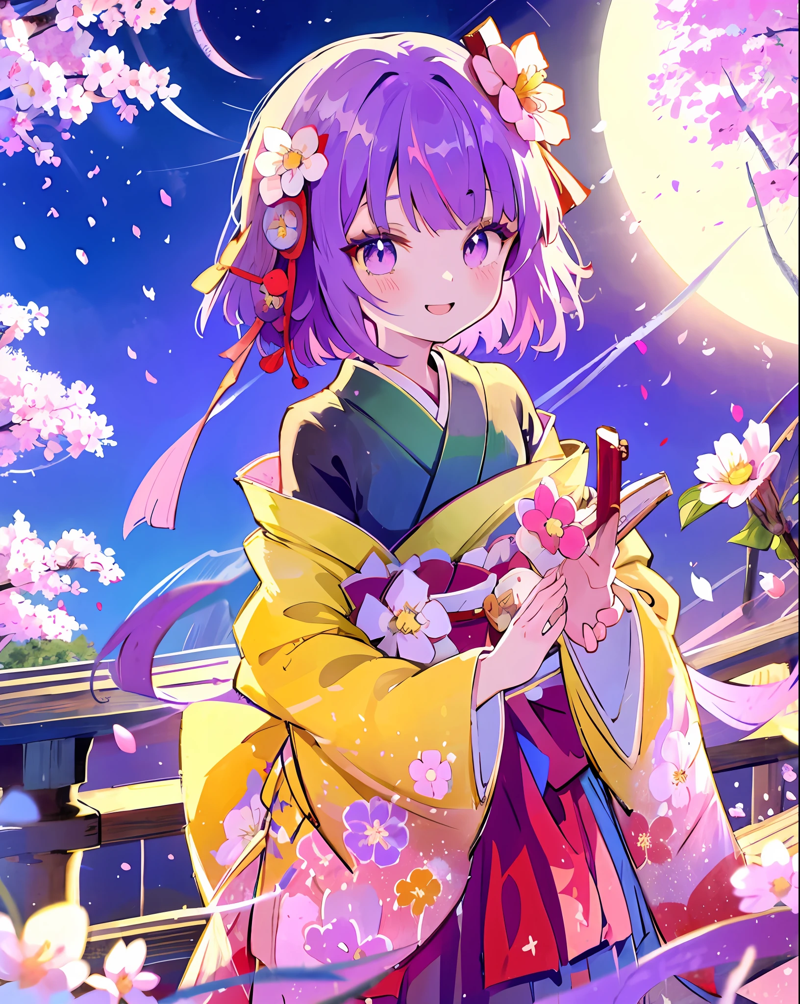 hieda no akyuu、1girl in、komono、独奏、a moon、1 Hour Drawing Challenge、fullmoon、wide sleeves、natta、Look at viewers、cherry trees、long-sleeve、a smile、flower petals、Yellow kimono、