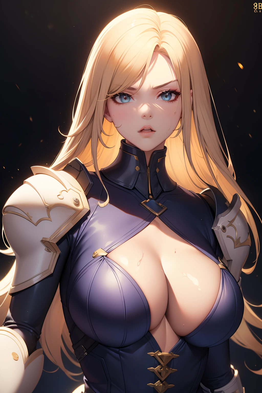 tmasterpiece, High- sharpness, high high quality, 详细的脸, detailed body render,Angry face,Mechanical armor, mechs,rubbery,Blue corset,Yellow beam,collars,NSFW,((Best quality, 8K, Masterpiece:1.3))), Clear focus: 1.2、Armed accessories,arma,battle garment,Gradient yellow hair,(layer cut, Big:1.2),Beautiful woman with perfect figure: 1.4、Slender abs:1.2、Wet body:1.5、Highly detailed face and skin texture、Detailed eyes、Double eyelids,Long hair,Zhuzeshegi,character design。