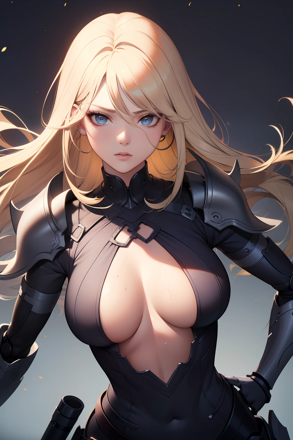 tmasterpiece, High- sharpness, high high quality, 详细的脸, detailed body render,Angry face,Mechanical armor, mechs,rubbery,Blue corset,Yellow beam,collars,NSFW,((Best quality, 8K, Masterpiece:1.3))), Clear focus: 1.2、Armed accessories,arma,battle garment,Gradient yellow hair,(layer cut, Big:1.2),Beautiful woman with perfect figure: 1.4、Slender abs:1.2、Wet body:1.5、Highly detailed face and skin texture、Detailed eyes、Double eyelids,Long hair,Zhuzeshegi,character design。