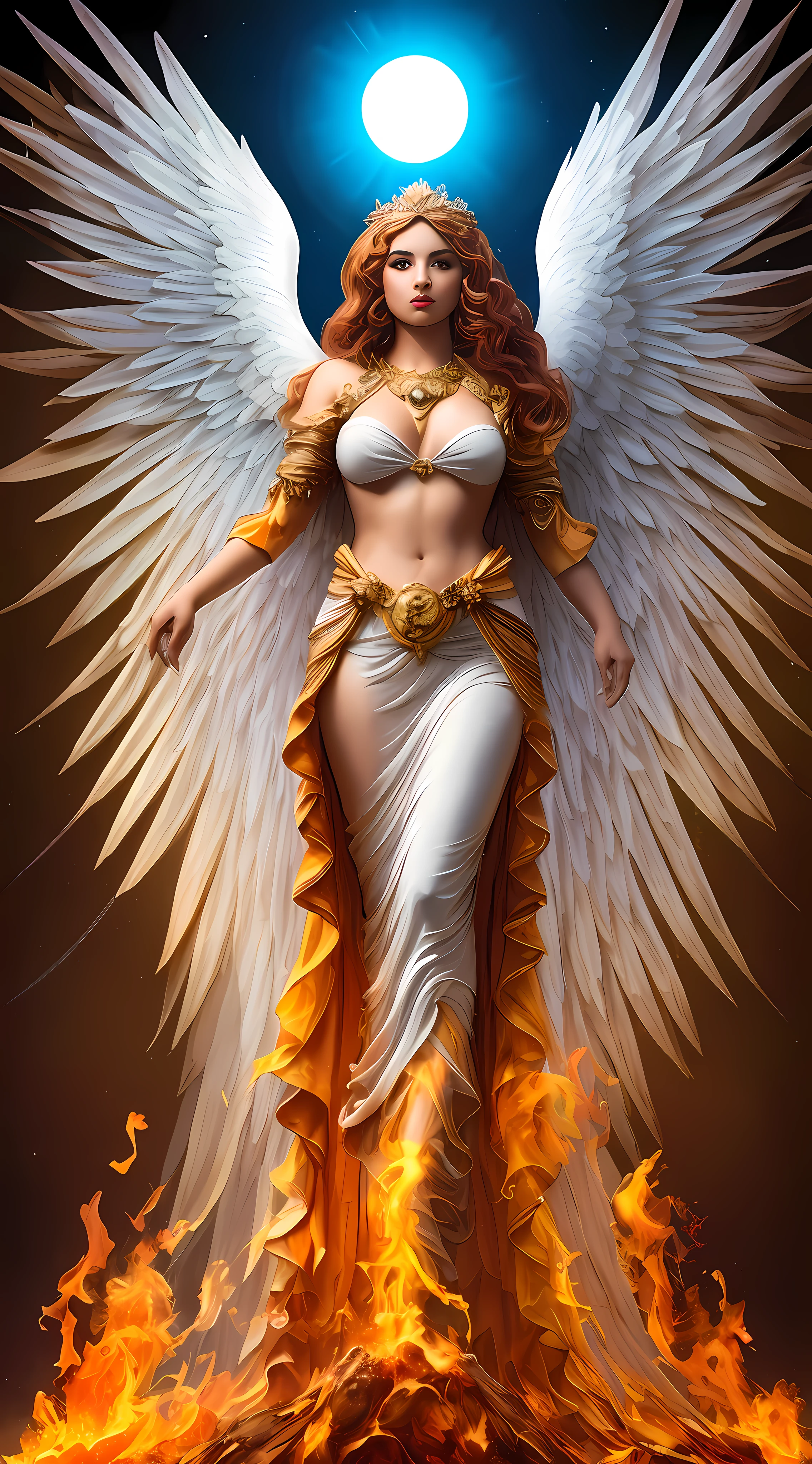 Pintura de una mujer con alas y un halo parada frente a un fuego, con ardientes alas doradas de llamas, Diosa del Fuego, Diosa de la ira, con ardientes alas doradas, aparece como la diosa del fuego, Arte del hechizo del fuego sagrado, tall female angel, Diosa del Fuego, full - body majestic angel, Diosa de la Luz, Artgerm Julie Bell Beeple, Hechizo de llama sagrada, Vibrant color palette game and super intricate great shadows, pintura mate, minuciosamente detallado, fino y delicadamente detallado, motor irreal delicadamente detallado con octanaje intrincado, fondo detallado en microminutos, complejidades 3D realzadas, Perfect and super detailed 8K composition, regla de los tercios, motionVFX, Sony Pictures Animation, The Foundry VFX, inmensamente perfecto, perfectamente detallado, intrincadamente definido, definitivamente real, Verdaderamente realista, Realistically epic, por Satori Canton, photography by alberto seveso