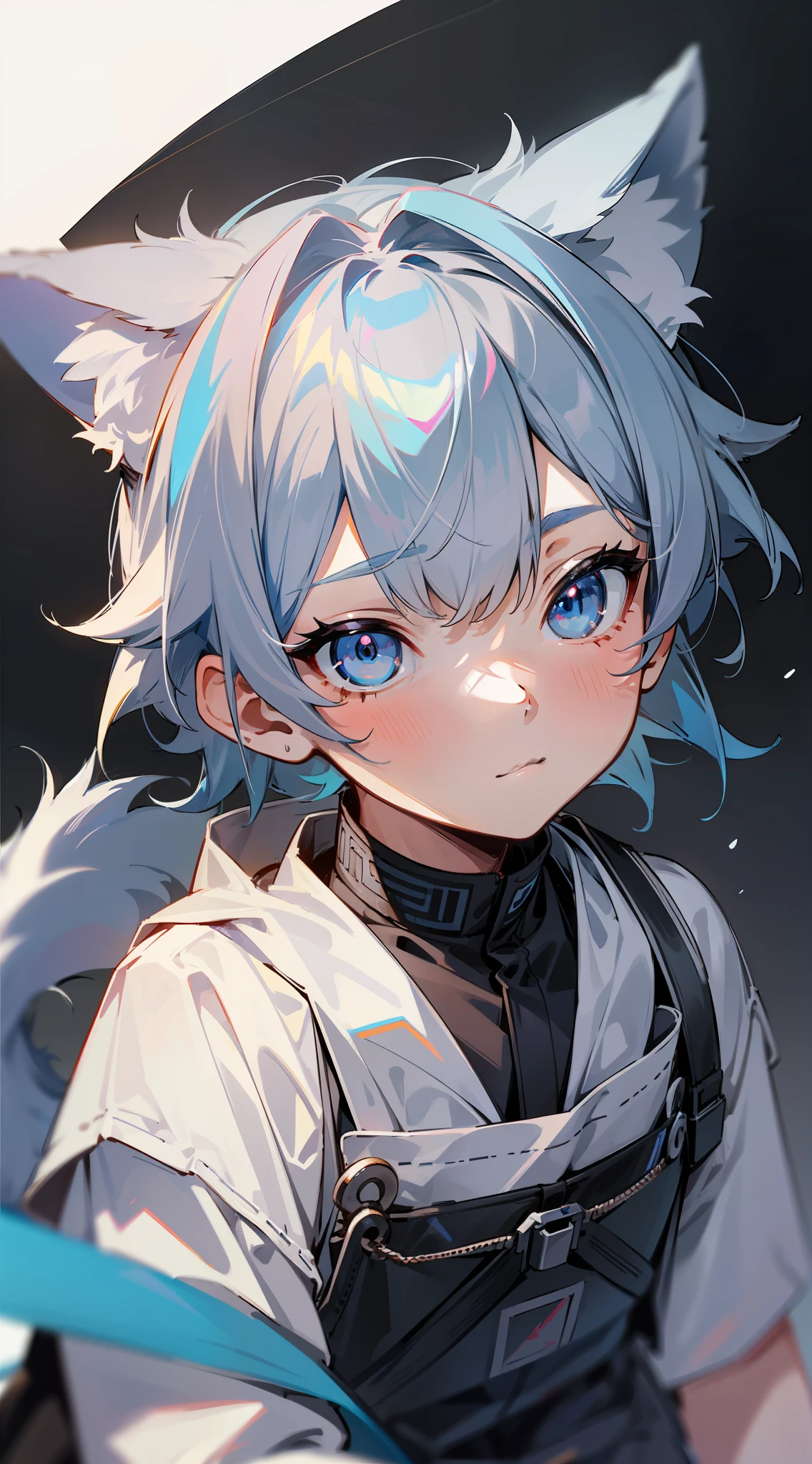 (1boys),(shota),(high-definition quality,Masterpiece level),cute character,Light pink-blue hair,blue colored eyes,(Wolf ears),(Wolf tail),One tail,(No ears),(younge boy),(Ear covering),(hair covered ears),facial camera,A pinch of blue bangs,in a panoramic view,