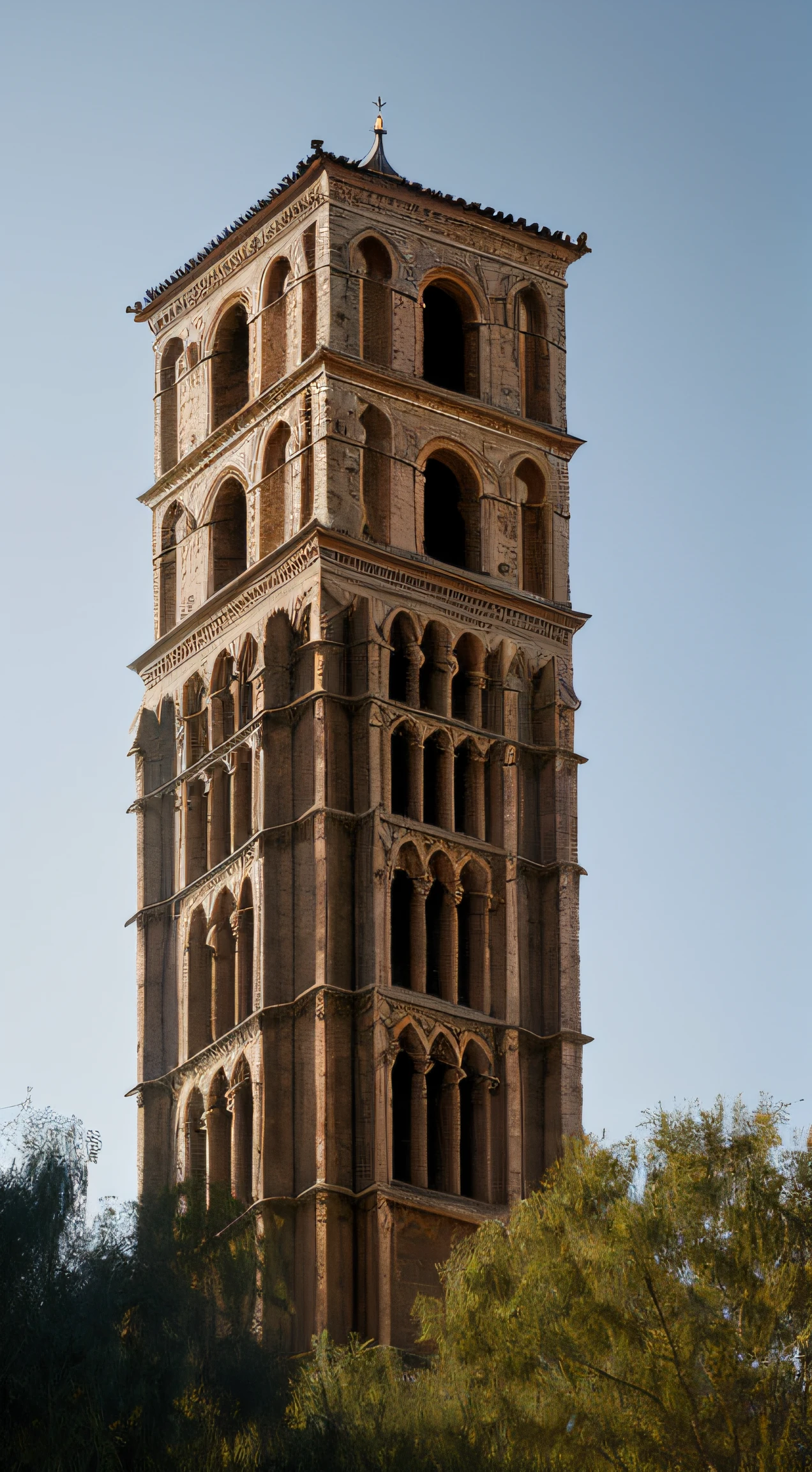 close up depiction of a medieval romanesque tower designed by Leonardo da Vinci, octagonal, exterior, medieval romanesque architecture, in a big medieval city, (backlighting), realistic, masterpiece, highest quality, lens flare, shade, bloom, [[chromatic aberration]], by Jeremy Lipking, by Antonio J. Manzanedo, digital painting