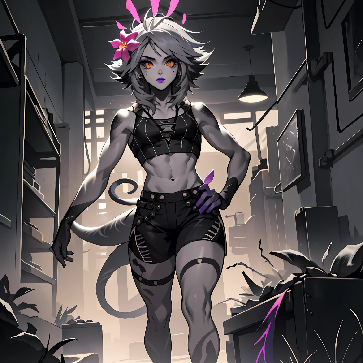 ((Cinematic light, Best quality, 8k, Masterpiece :1.3)), 1girl, Beautiful woman with thin abs :1.4, (light grey hair, small breasts :1.3), hopefully falling, seductive open lips, ultra-detailed face, detailed eyes, double eyelidwork, best quality, hair flower, dark purple body painting, ((calango tail)),((goth)), steamy, sexual teasing, jojo position, hands shining purple, (((black makeup))), light grey skincolor, grey skin, unusual skincolor, ((pale white skin)), black bodypaint, ((black crop top)), jojo pose, ((black shorts)),