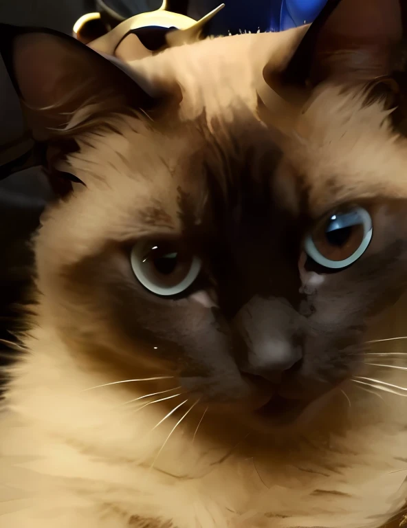 Close up portrait of a person holding a cat in a hat, cute furry needs your help, aesthetic siamese cat, Big eyes and menacing smile, SFW, Beans in his eye sockets, huge adorable eyes, Big pitch black eyes, Completely large - blue eyes, Countless dimly glowing eyes, Laugh spitefully, glaring at the camera