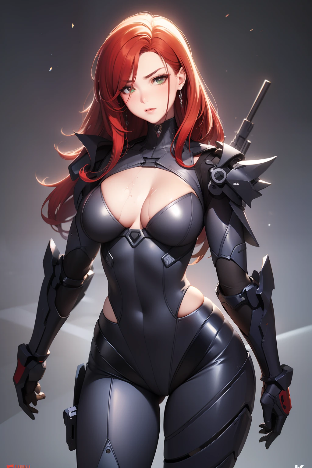 tmasterpiece, High- sharpness, high high quality, 详细的脸, detailed body render,Angry face,Exoskeleton mech, Mobile armor,rubbery,Red and black corset,Yellow beam,collars,NSFW,((Best quality, 8K, Masterpiece:1.3))), Clear focus: 1.2、Armed accessories,arma,battle garment,Gradient redhead,(layer cut, Big:1.2),Beautiful woman with perfect figure: 1.4、Slender abs:1.2、Wet body:1.5、Highly detailed face and skin texture、Detailed eyes、Double eyelids,Long hair,Zhuzeshegi,character design。cyber punk perssonage