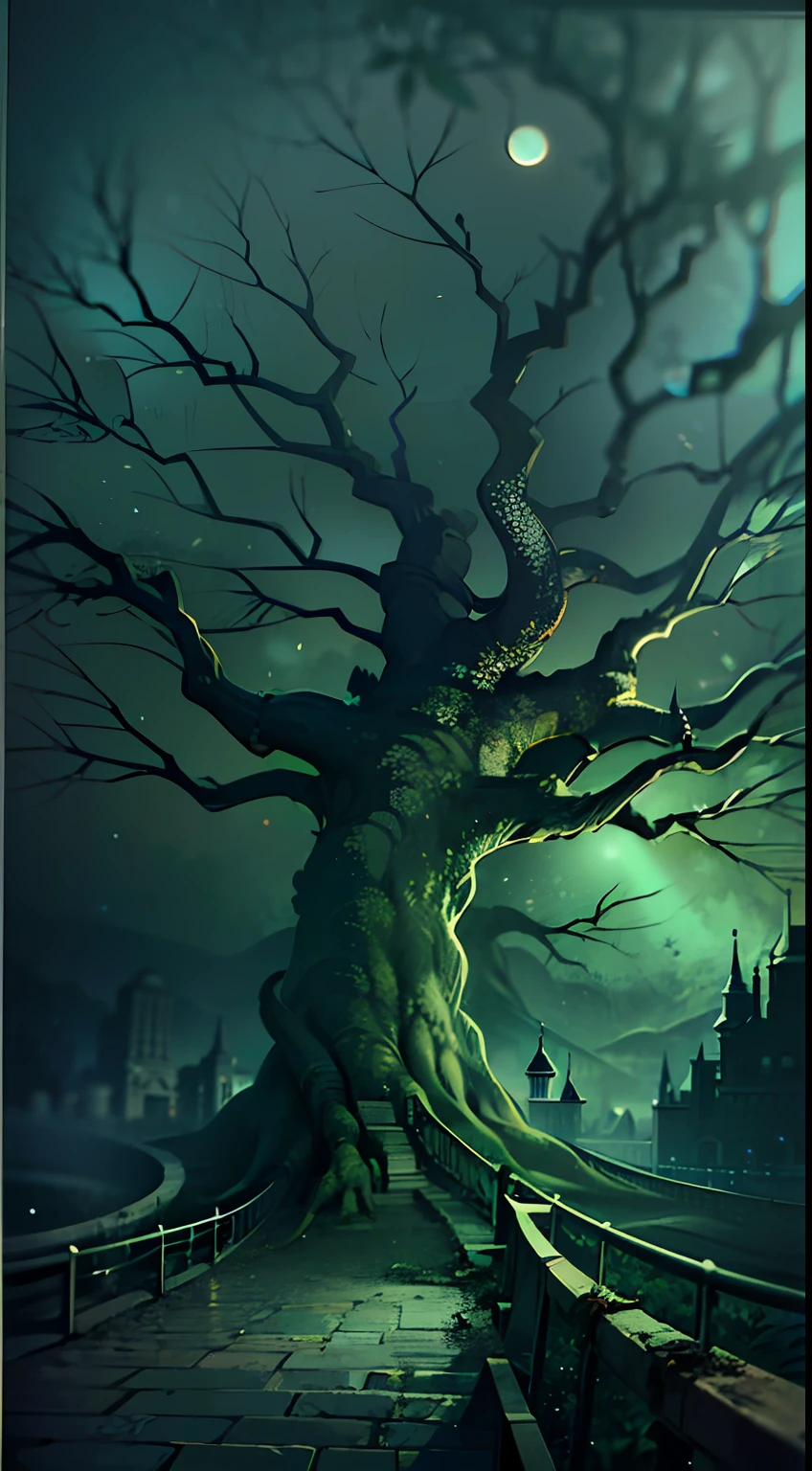 Look up,(Moon Night Fantasy Skeleton Fortress:1.4),((Skeleton Castle)),tree branch,Lots of branches,greenish tinge,green color,fog atmosphere,dark cloude,swirles,Mysterious and dark,blood vess,uncanny,fog atmosphere,dense fog,opaque,streamer,bblurry,Torn clouds,((3 moons in three colors)),Clear and detailed image quality,Engaging shots,Soft lighting,Great details,Transparent starry sky,Unique architecture,Blinking lights,Active character actions,(best qualtiy:1.4),tmasterpiece,super-fine,A detailed,acurate,depth of fields ,absurderes、A high resolution、ultra - detailed,(Unattended:1.3),Break,Create an image using a prism effect,Light refracts and creates colorful、A kaleidoscopic look。 Break , design an image with fisheye lens effect,Capture a wide field of view with a unique curved perspective。 Break,,Dappled sunlight,Tranquil natural beauty。 Break , Depict a monochrome world,Use only black、White and gray shades to convey depth、Emotional and compelling visual impact。