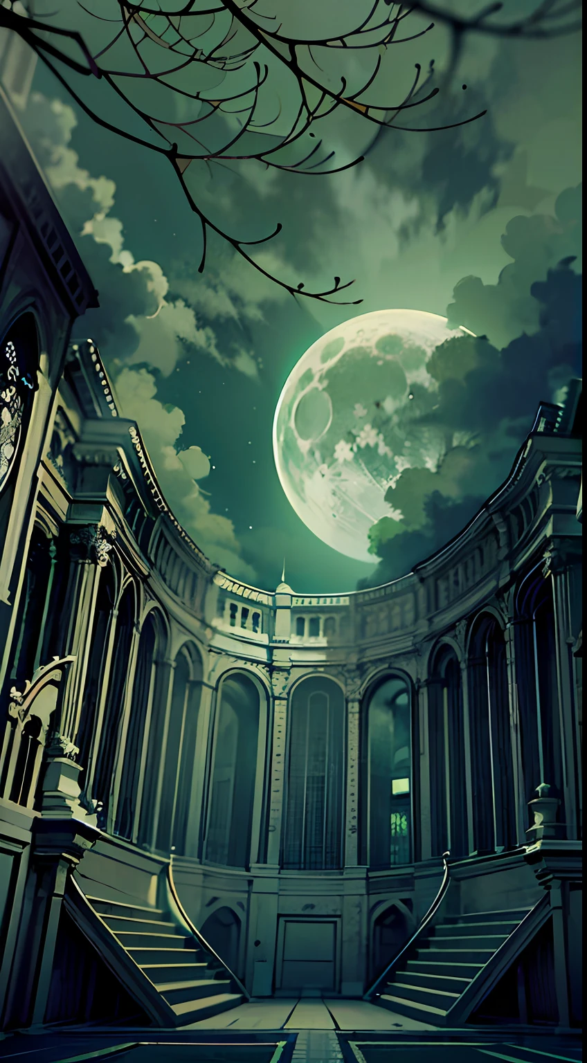 Look up,(Moon Night Fantasy Skeleton Fortress:1.4),((Skeleton Castle)),tree branch,Lots of branches,greenish tinge,green color,fog atmosphere,dark cloude,swirles,Mysterious and dark,blood vess,uncanny,fog atmosphere,dense fog,opaque,streamer,bblurry,Torn clouds,((3 moons in three colors)),Clear and detailed image quality,Engaging shots,Soft lighting,Great details,Transparent starry sky,Unique architecture,Blinking lights,Active character actions,(best qualtiy:1.4),tmasterpiece,super-fine,A detailed,acurate,depth of fields ,absurderes、A high resolution、ultra - detailed,(Unattended:1.3),Break,Create an image using a prism effect,Light refracts and creates colorful、A kaleidoscopic look。 Break , design an image with fisheye lens effect,Capture a wide field of view with a unique curved perspective。 Break,,Dappled sunlight,Tranquil natural beauty。 Break , Depict a monochrome world,Use only black、White and gray shades to convey depth、Emotional and compelling visual impact。