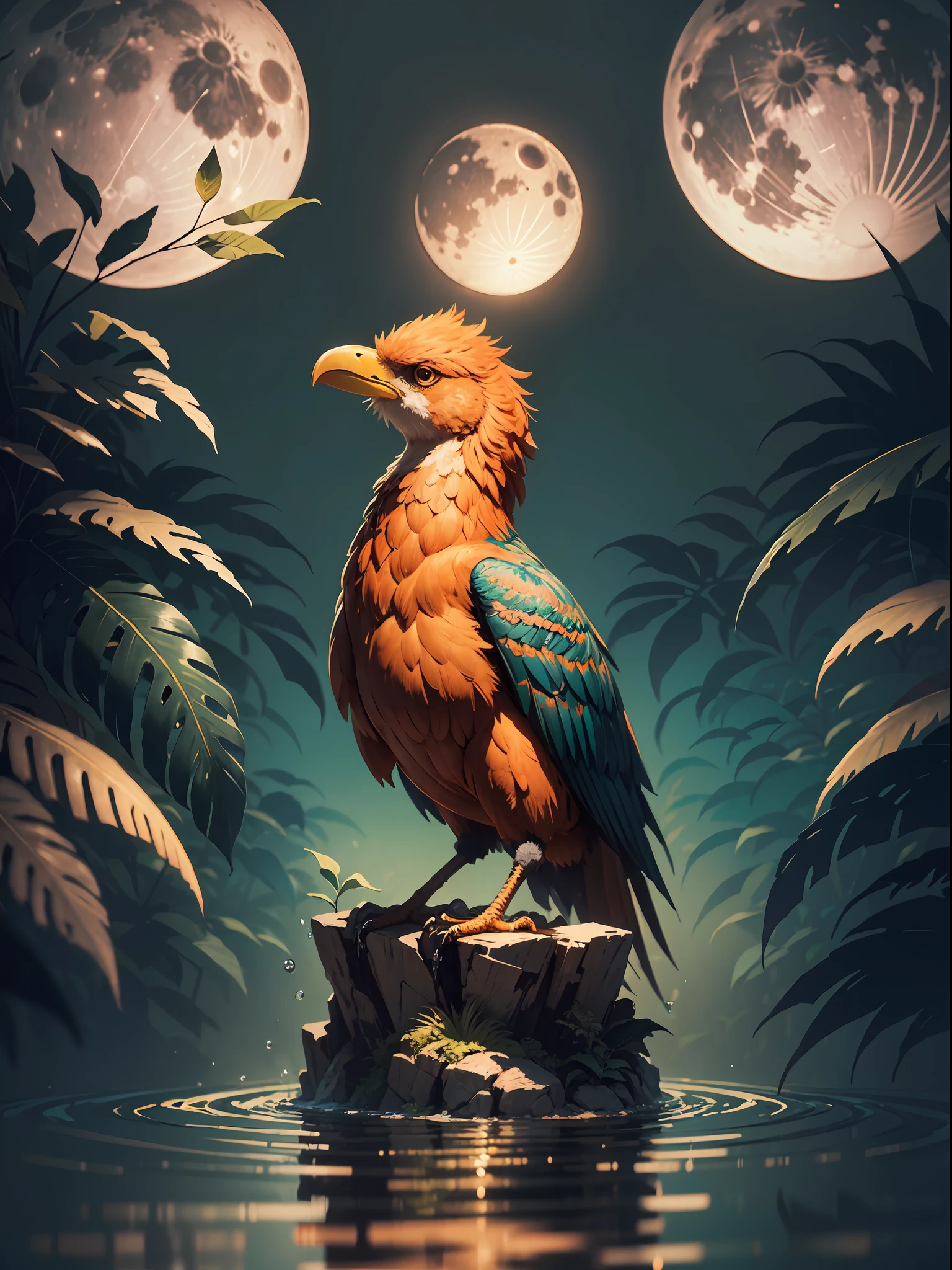 water and a big bird standing in the evening setting for full moon, in the style of apocalyptic collage, dark orange and red, editorial illustrations, mysterious jungle, retro filters, kubisi art, vibrant use of light and shadow --ar 51:91 --q 2 --s 750 --style raw