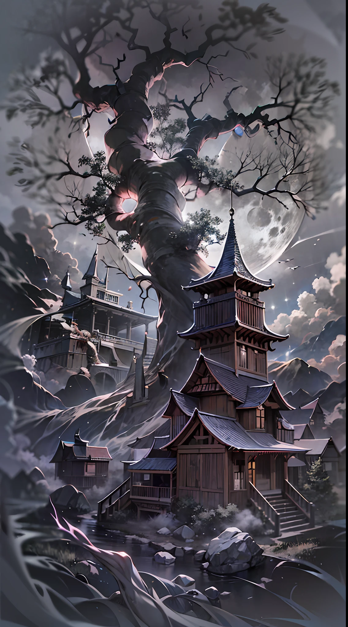 Look up,(Moon Night Fantasy Skeleton Fortress:1.4),((Skeleton Castle)),tree branch,Lots of branches,greenish tinge,green color,fog atmosphere,dark cloude,swirles,Mysterious and dark,blood vess,uncanny,fog atmosphere,dense fog,opaque,streamer,bblurry,Torn clouds,((3 moons in three colors)),Clear and detailed image quality,Engaging shots,Soft lighting,Great details,Transparent starry sky,Unique architecture,Blinking lights,Active character actions,(best qualtiy:1.4),tmasterpiece,super-fine,A detailed,acurate,depth of fields ,absurderes、A high resolution、ultra - detailed,(Unattended:1.3),Break,Create an image using a prism effect,Light refracts and creates colorful、A kaleidoscopic look。 Break , design an image with fisheye lens effect,Capture a wide field of view with a unique curved perspective。 Break,,Dappled sunlight,Tranquil natural beauty。 Break , Depict a monochrome world,Use only black、White and gray shades to convey depth、Emotional and compelling visual impact。