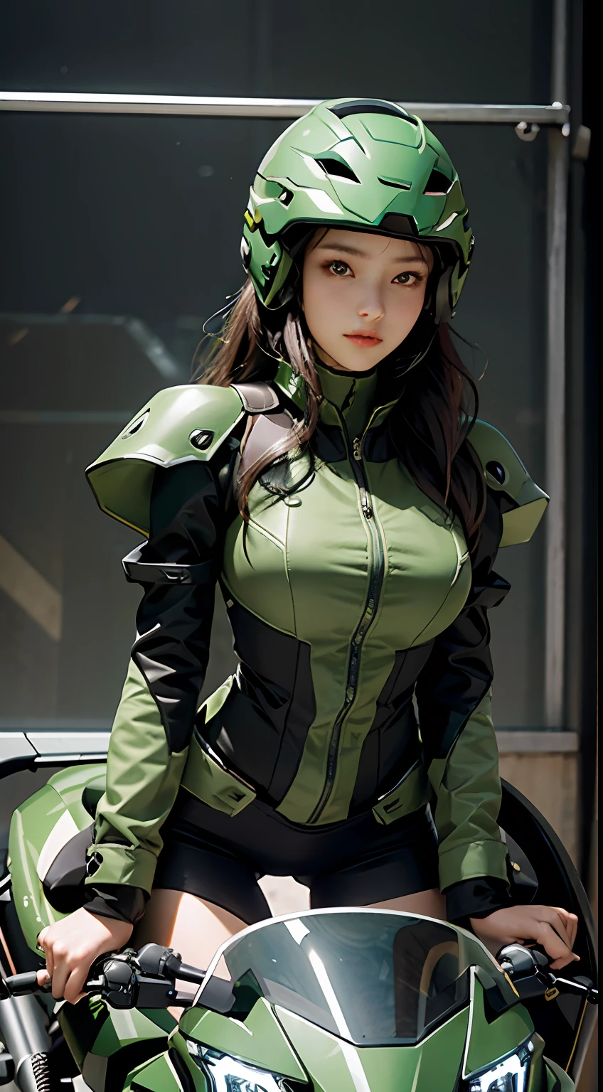 Highest image quality, outstanding details, ultra-high resolution, (realism: 1.4), the best illustration, favor details, highly condensed 1girl, with a delicate and beautiful face, dressed in a black and green mecha, wearing a mecha helmet, holding a directional controller, riding on a motorcycle, the background is a high-tech lighting scene of the future city.