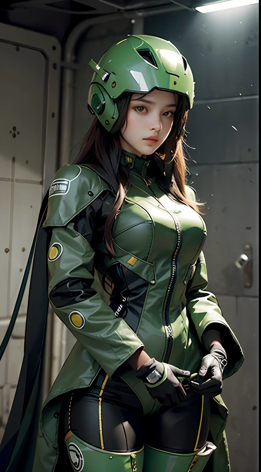 Highest image quality, outstanding details, ultra-high resolution, (realism: 1.4), the best illustration, favor details, highly condensed 1girl, with a delicate and beautiful face, dressed in a black and green mecha, wearing a mecha helmet, holding a directional controller, riding on a motorcycle, the background is a high-tech lighting scene of the future city.