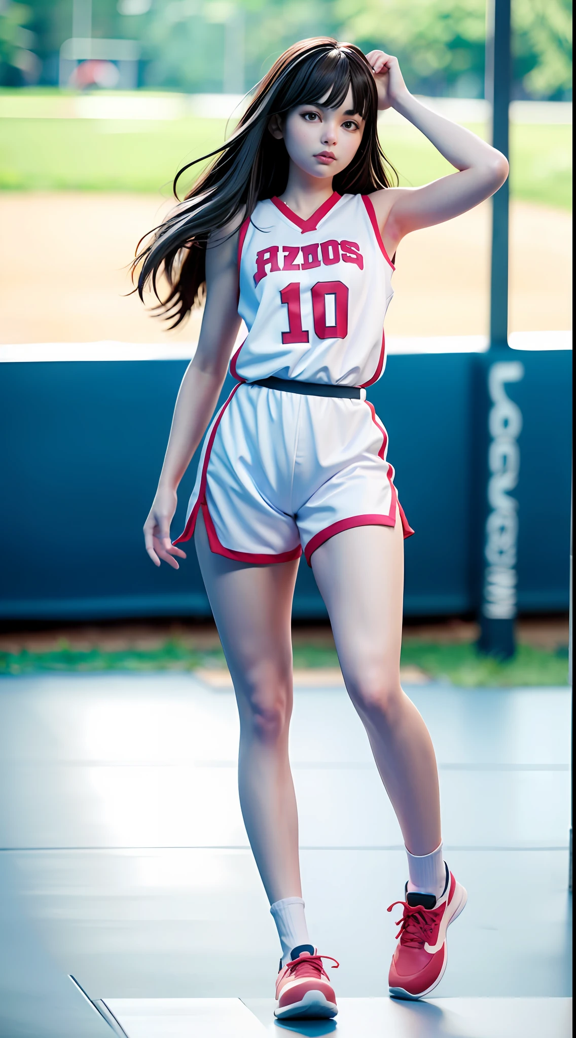 (8k, Best Quality, Masterpiece: 1.2), (Realistic, Realistic: 1.37), Ultra Detailed, Best Quality, Ultra High Resolution, Professional Lighting, Photon Mapping, Radiosity, Physically Based Rendering, Cinematic Lighting, Basketball court, depth of field, clear focus, sunlight, good composition, (bokeh: 1.2) 1girl, solo, (full body), (closed mouth), beautiful and detailed eyes, pose, narrow waist, basketball uniform, black hair , messy hair, long hair blowing in the wind, (ulzzang-6500:1.2) mix4, hiqcgbody