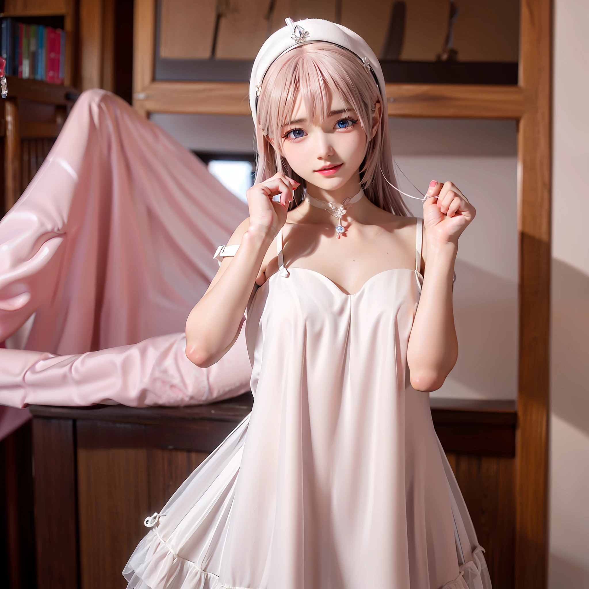 Fantastic angels,Soft girl,Pink strands of hair fall gently,Wearing a crisp white dress,Clear blue eyes,The face is delicate and moving,It's as real as 3D。